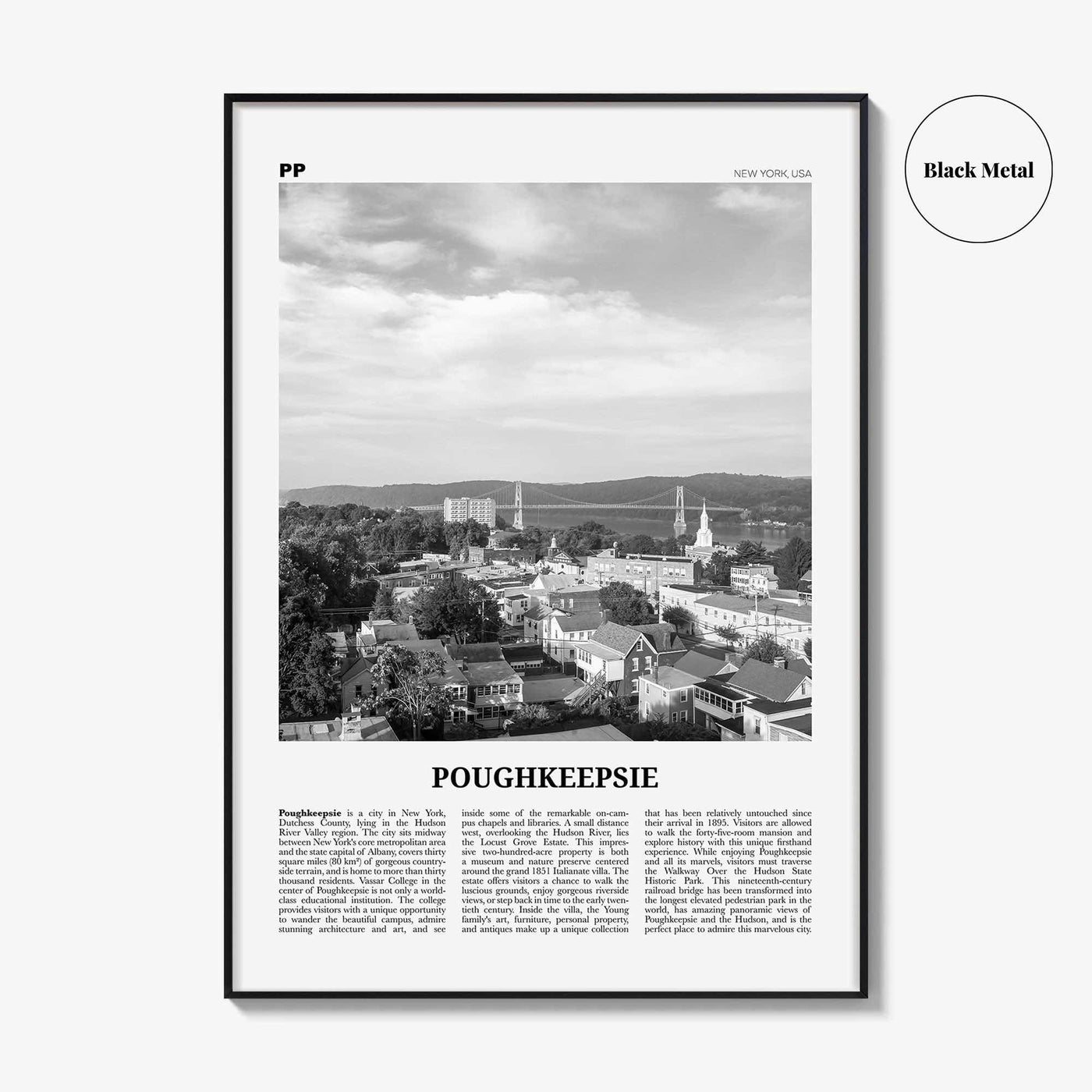 Poughkeepsie Print Black and White, Poughkeepsie Wall Art, Poughkeepsie Poster, Poughkeepsie Photo, Poughkeepsie Map, New York, USA