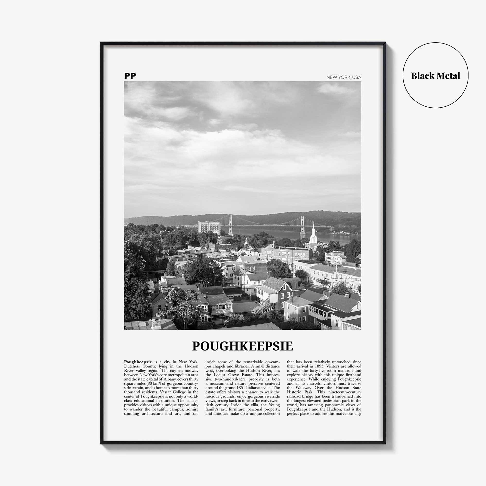 Poughkeepsie Print Black and White, Poughkeepsie Wall Art, Poughkeepsie Poster, Poughkeepsie Photo, Poughkeepsie Map, New York, USA