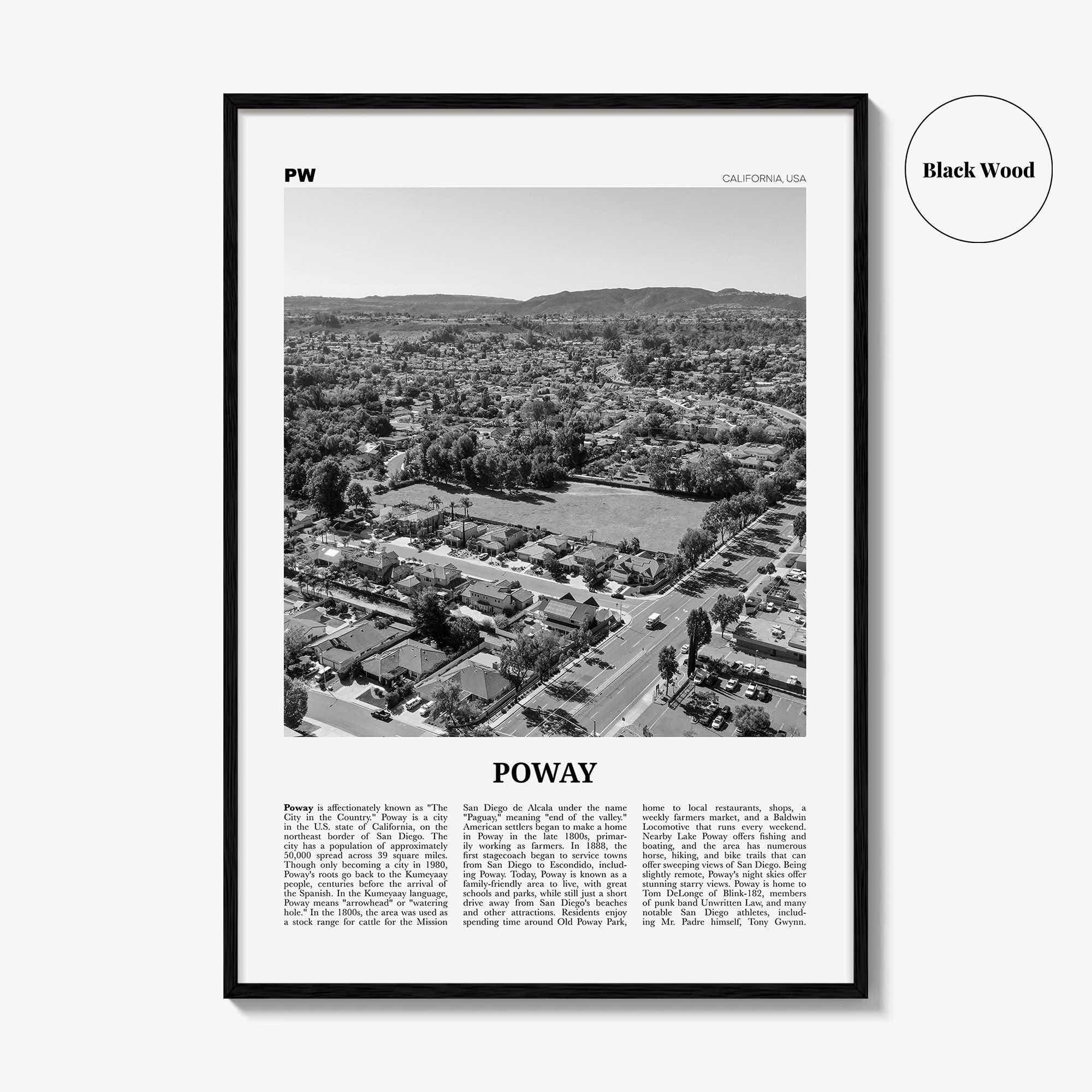 Poway Print Black and White No 1, Poway Wall Art, Poway Poster, Poway Photo, Poway Wall Décor, Poway Map, California, USA