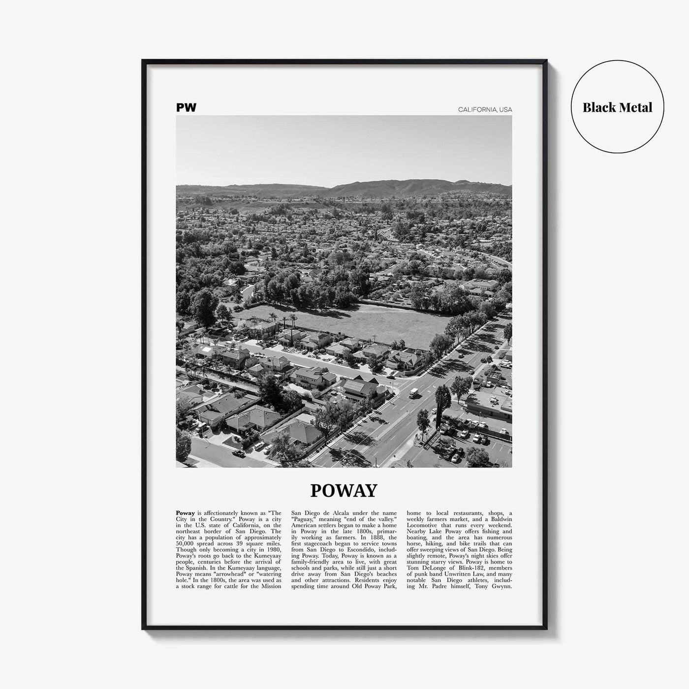 Poway Print Black and White No 1, Poway Wall Art, Poway Poster, Poway Photo, Poway Wall Décor, Poway Map, California, USA
