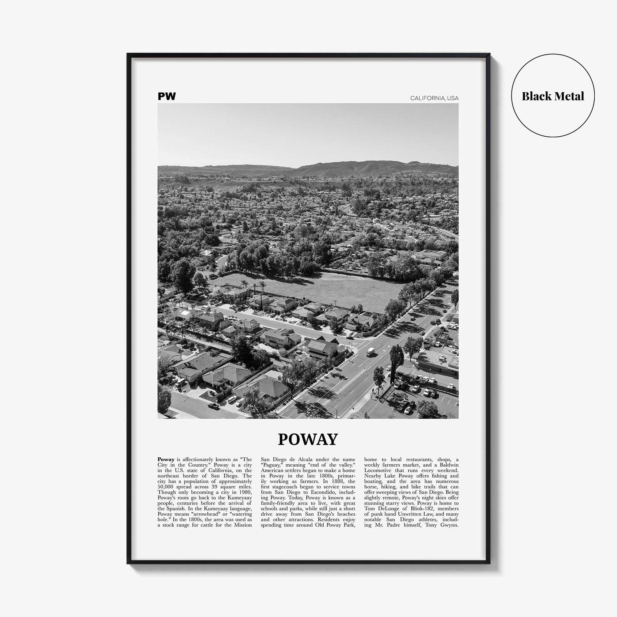 Poway Print Black and White No 1, Poway Wall Art, Poway Poster, Poway Photo, Poway Wall Décor, Poway Map, California, USA