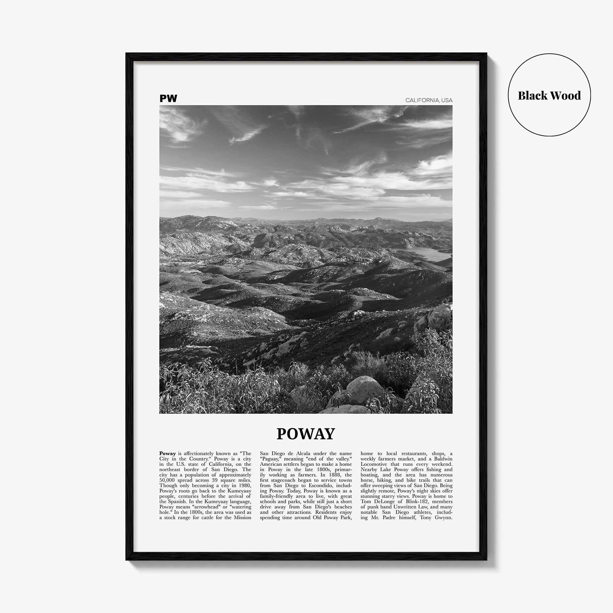 Poway Print Black and White No 2, Poway Wall Art, Poway Poster, Poway Photo, Poway Wall Décor, Poway Map, California, USA