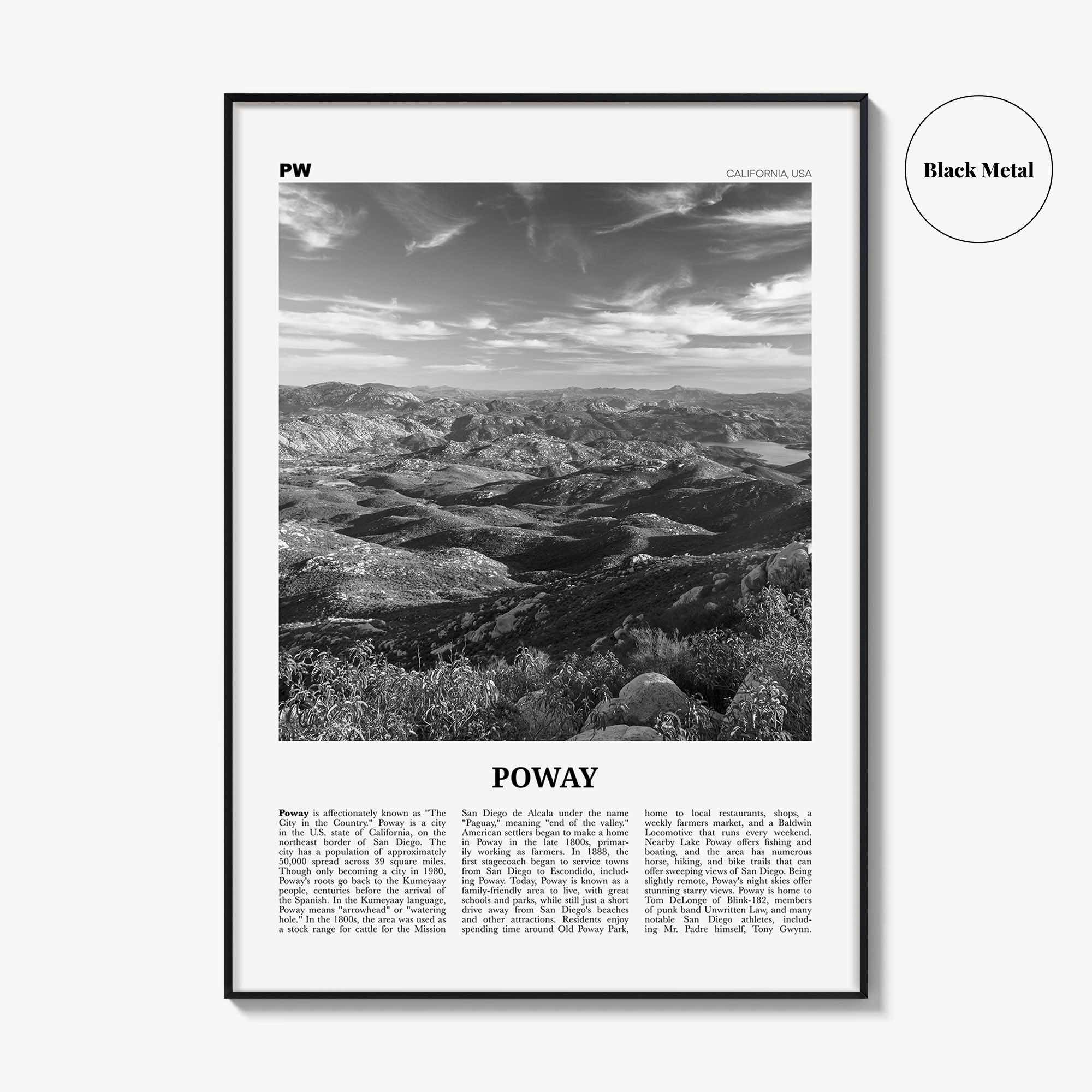 Poway Print Black and White No 2, Poway Wall Art, Poway Poster, Poway Photo, Poway Wall Décor, Poway Map, California, USA