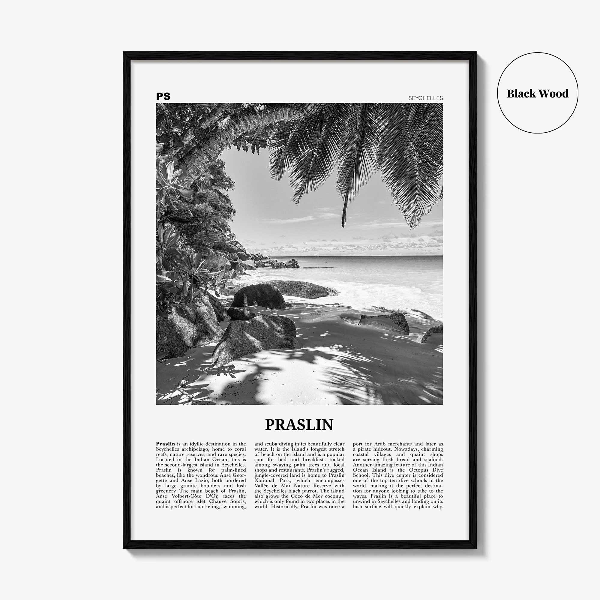 Praslin Print Black and White, Praslin Wall Art, Praslin Poster, Praslin Photo, Praslin Wall Décor, Praslin Map, Seychelles