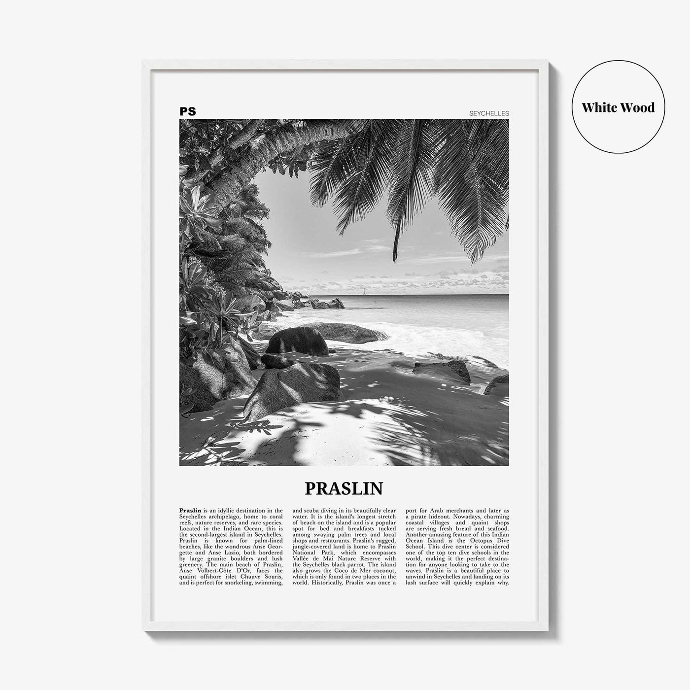 Praslin Print Black and White, Praslin Wall Art, Praslin Poster, Praslin Photo, Praslin Wall Décor, Praslin Map, Seychelles