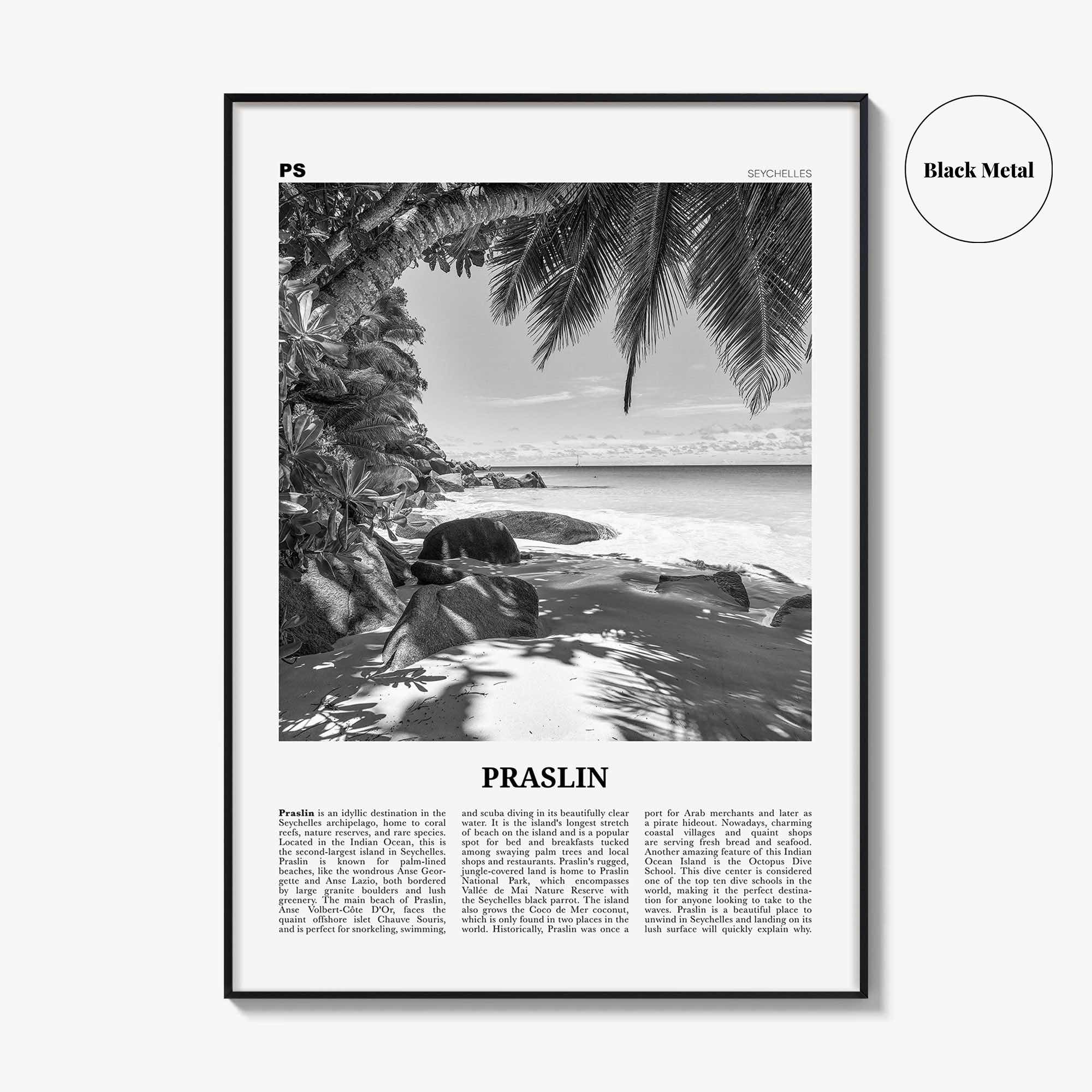 Praslin Print Black and White, Praslin Wall Art, Praslin Poster, Praslin Photo, Praslin Wall Décor, Praslin Map, Seychelles