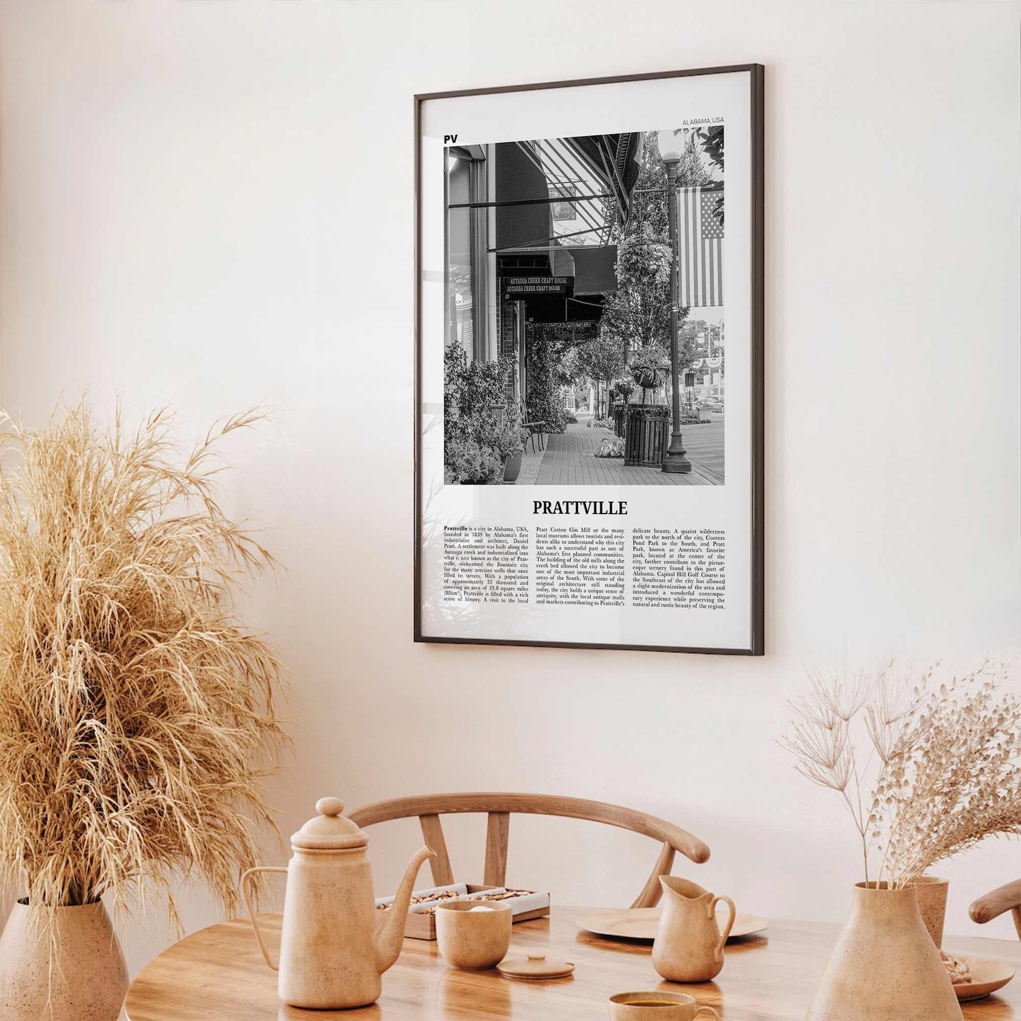 Prattville Print Black and White, Prattville Wall Art, Prattville Poster, Prattville Photo, Prattville Map, Alabama, USA