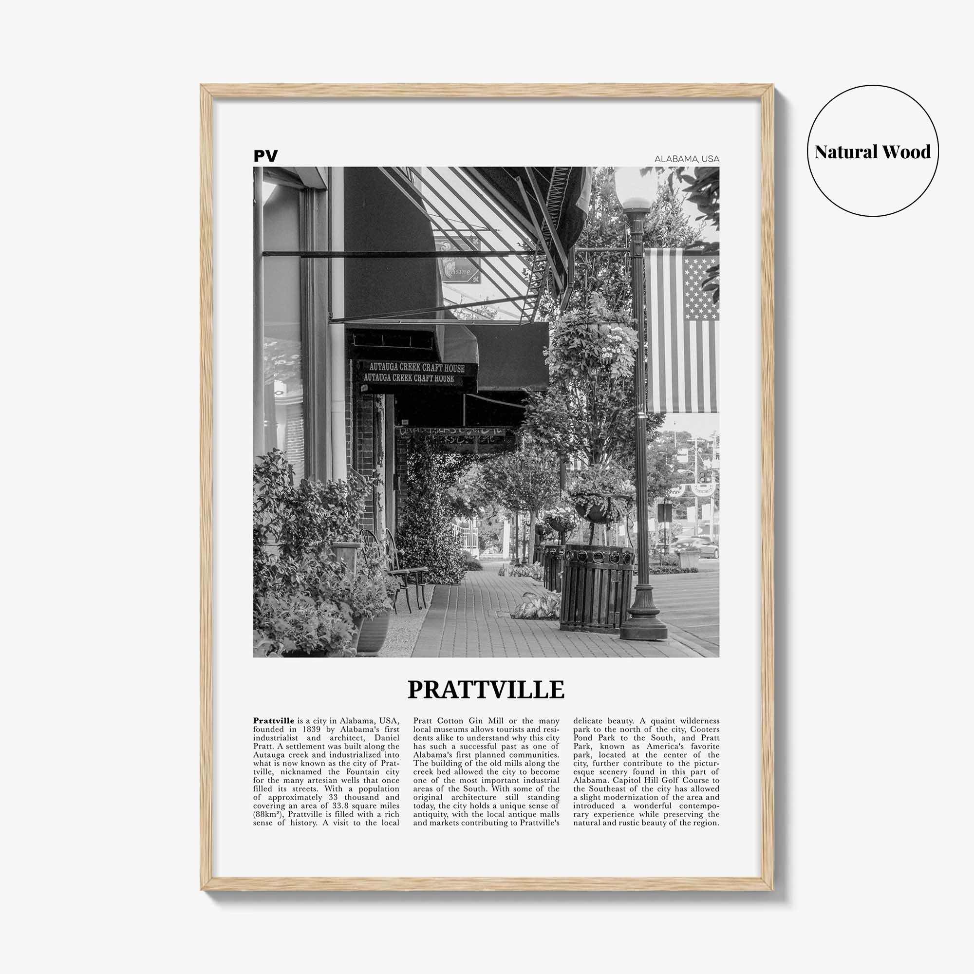 Prattville Print Black and White, Prattville Wall Art, Prattville Poster, Prattville Photo, Prattville Map, Alabama, USA