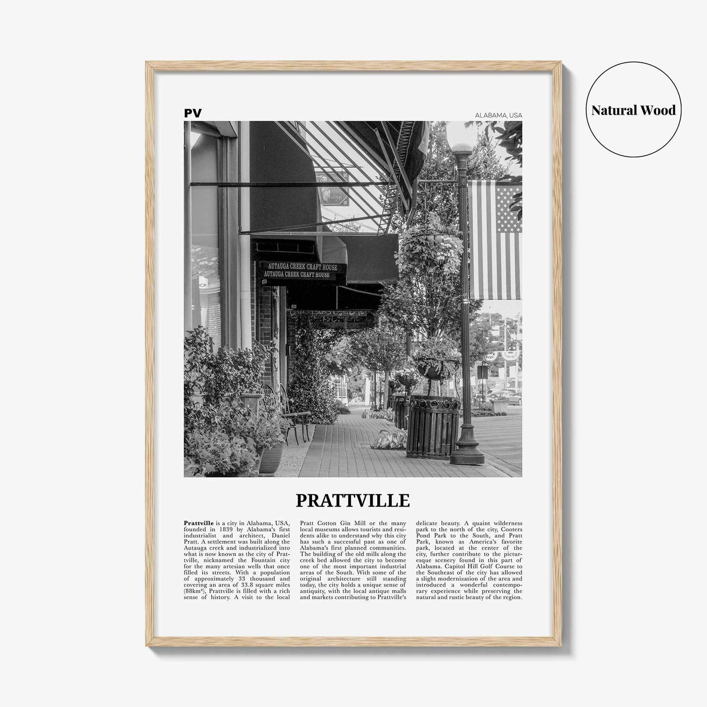 Prattville Print Black and White, Prattville Wall Art, Prattville Poster, Prattville Photo, Prattville Map, Alabama, USA