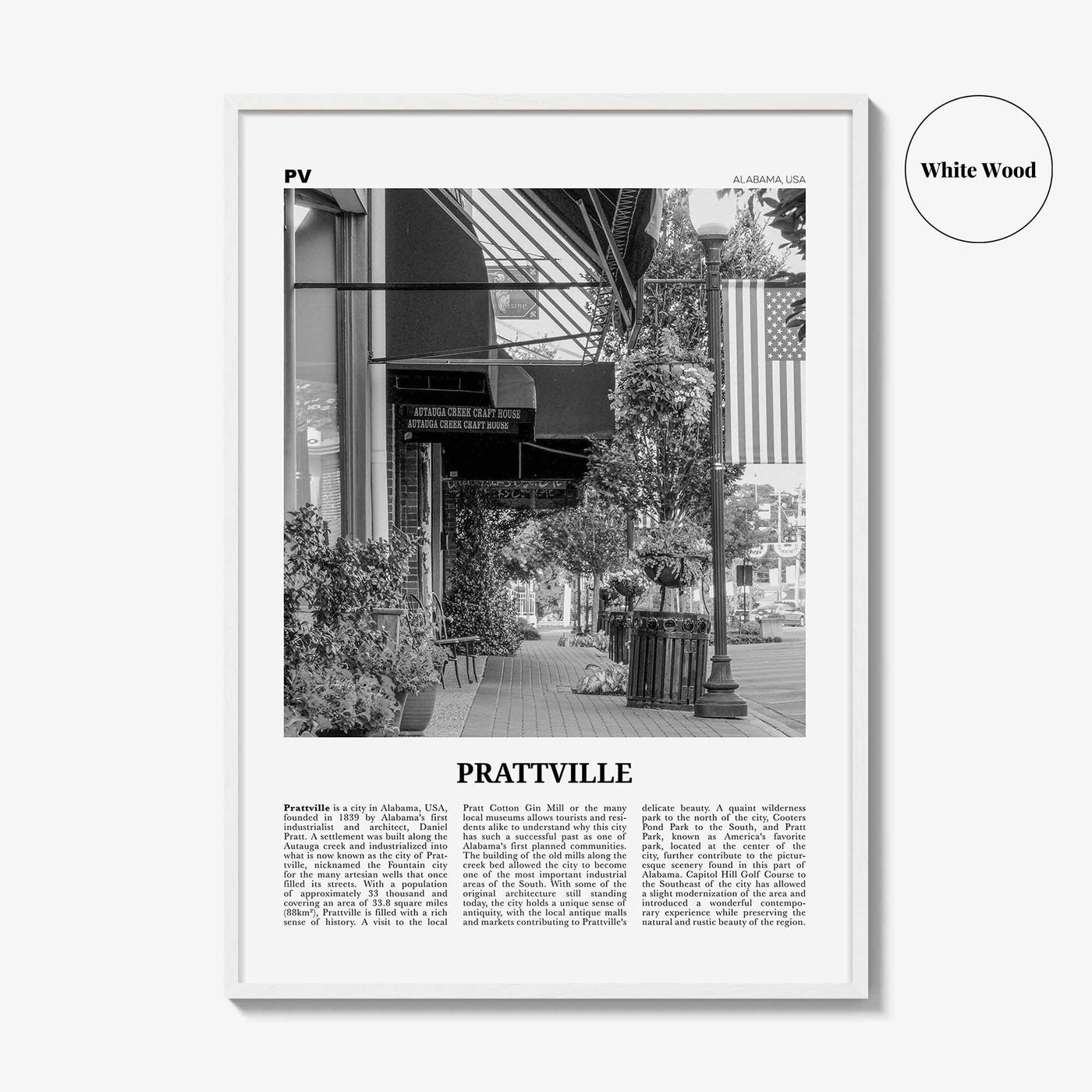 Prattville Print Black and White, Prattville Wall Art, Prattville Poster, Prattville Photo, Prattville Map, Alabama, USA