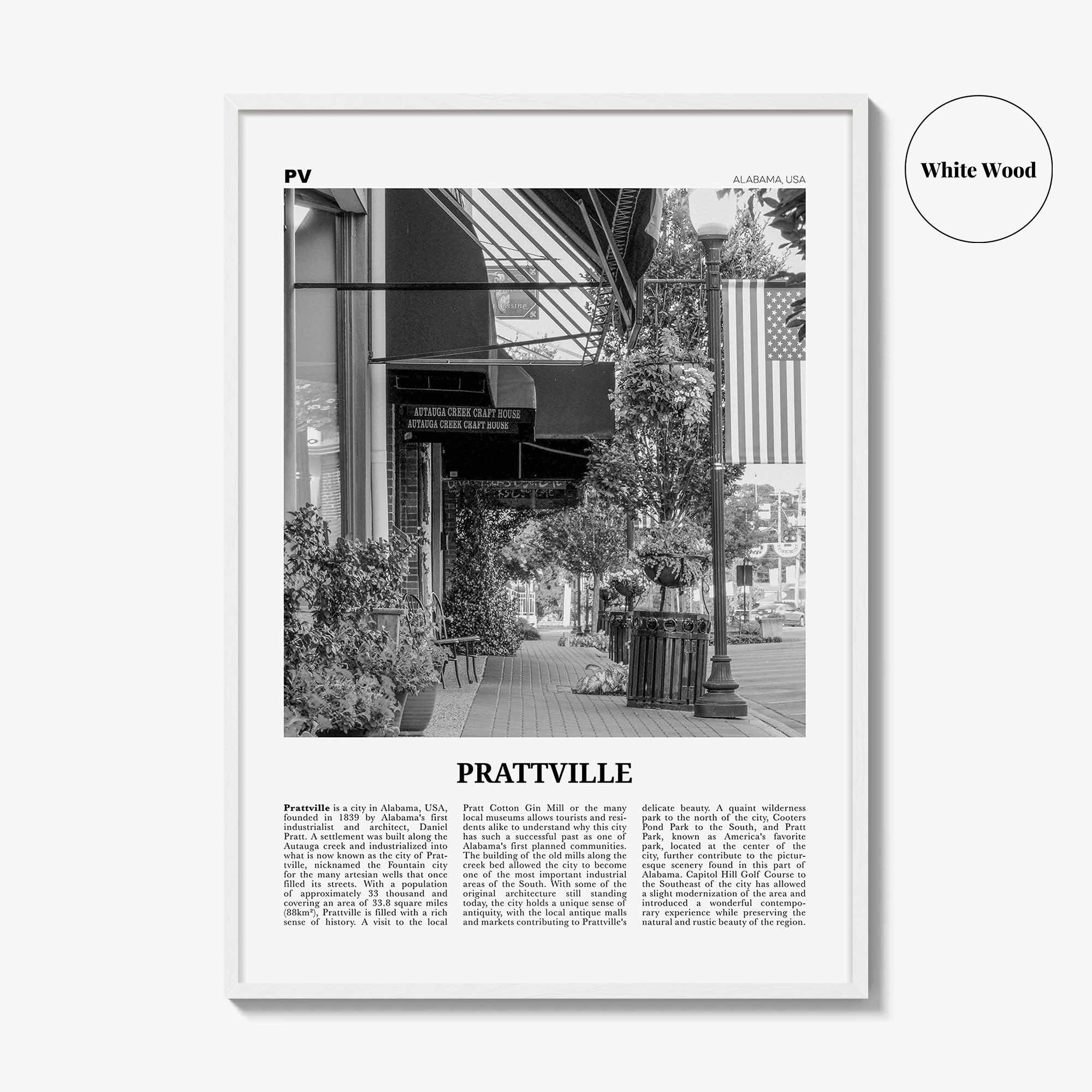 Prattville Print Black and White, Prattville Wall Art, Prattville Poster, Prattville Photo, Prattville Map, Alabama, USA