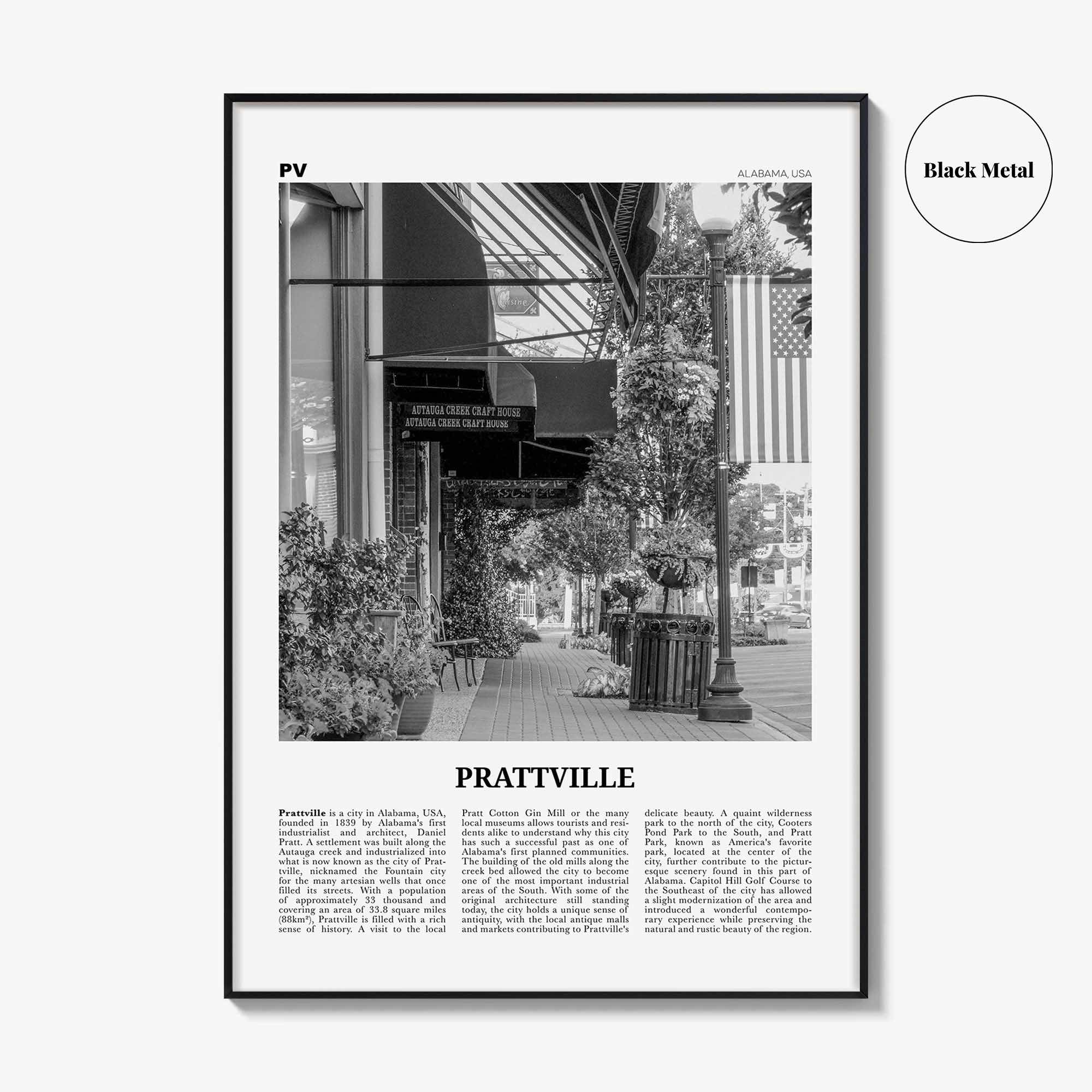 Prattville Print Black and White, Prattville Wall Art, Prattville Poster, Prattville Photo, Prattville Map, Alabama, USA