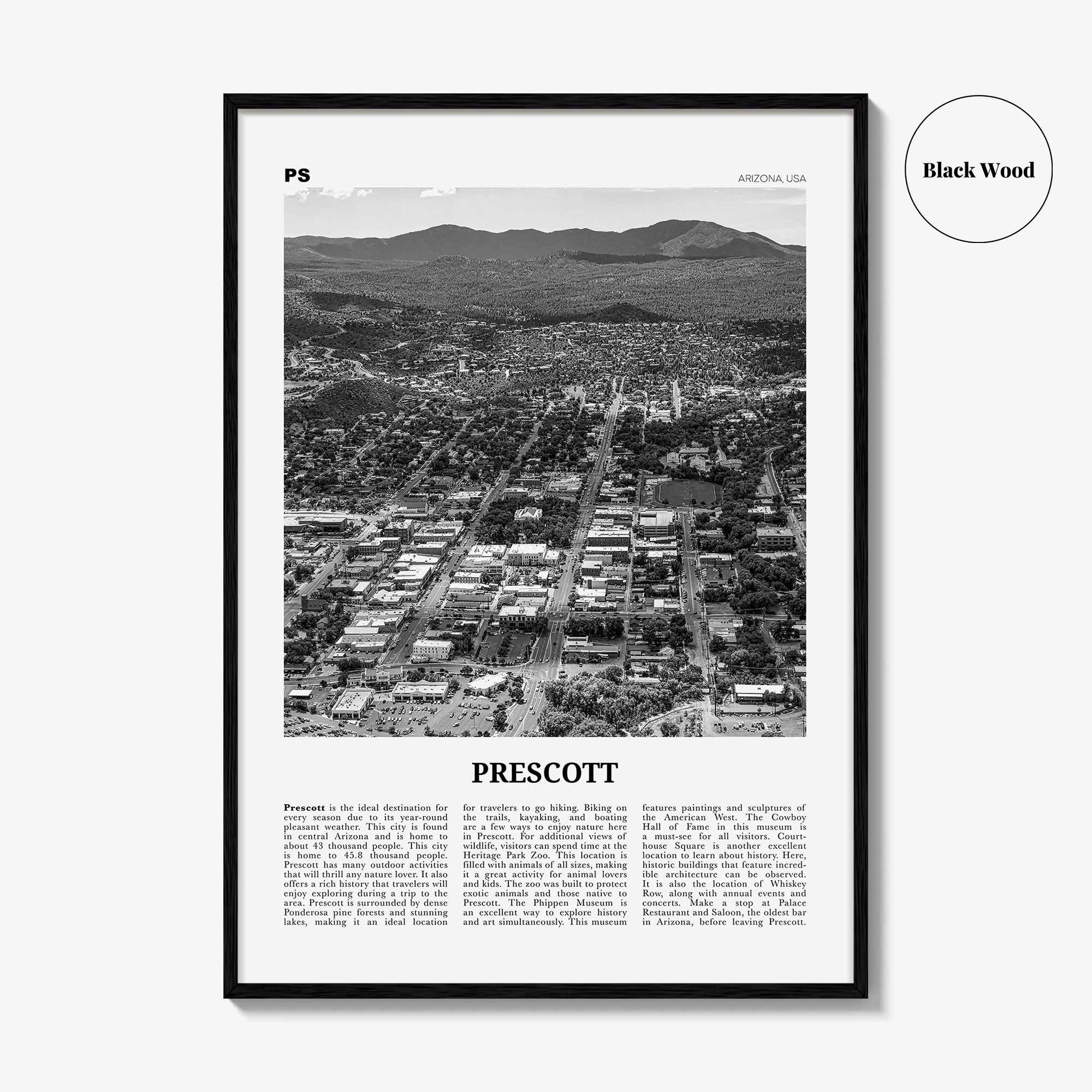 Prescott Print Black and White, Prescott Wall Art, Prescott Poster, Prescott Photo, Prescott Wall Décor, Prescott Map, Arizona, USA