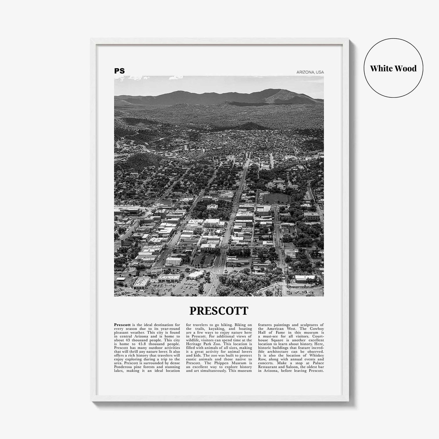 Prescott Print Black and White, Prescott Wall Art, Prescott Poster, Prescott Photo, Prescott Wall Décor, Prescott Map, Arizona, USA