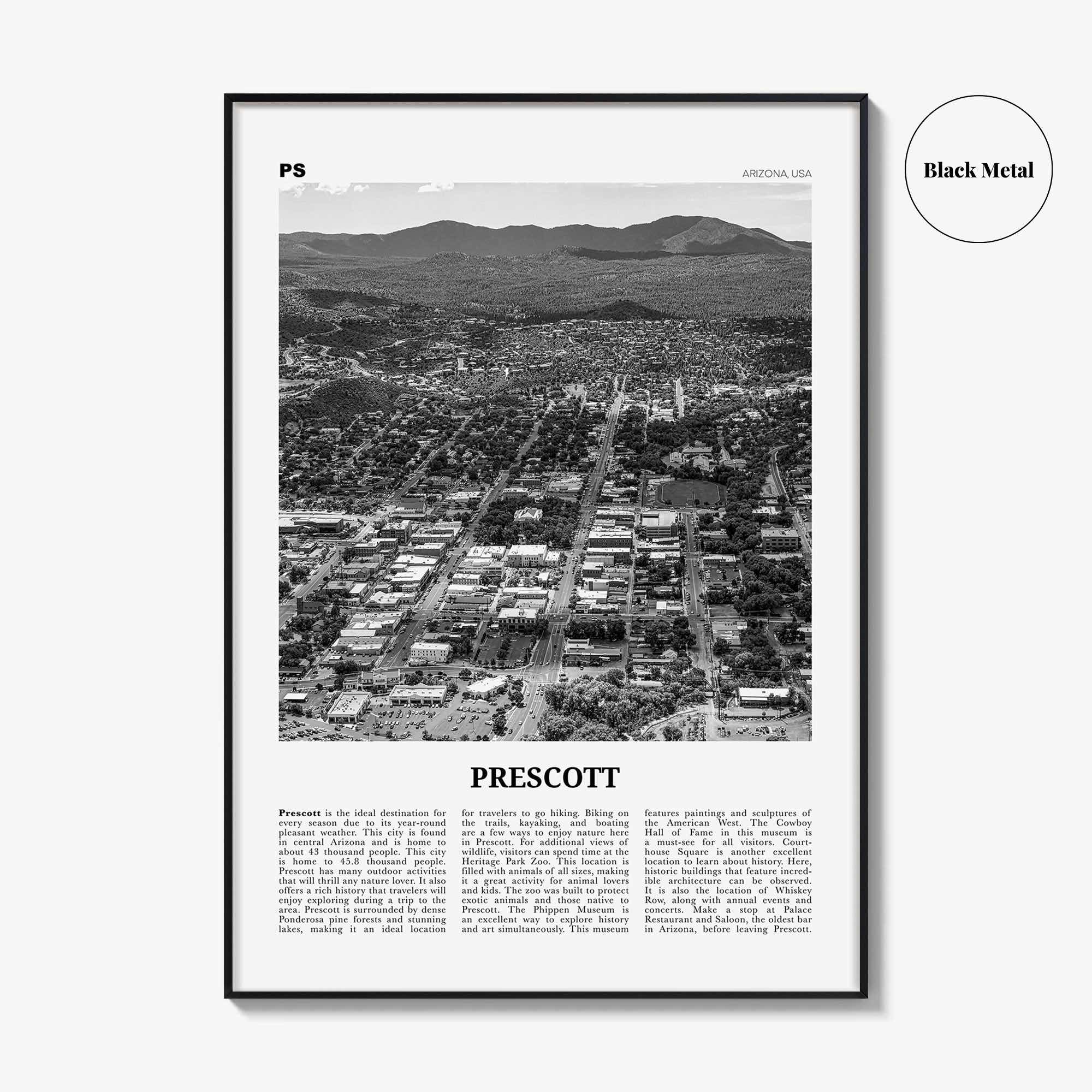 Prescott Print Black and White, Prescott Wall Art, Prescott Poster, Prescott Photo, Prescott Wall Décor, Prescott Map, Arizona, USA