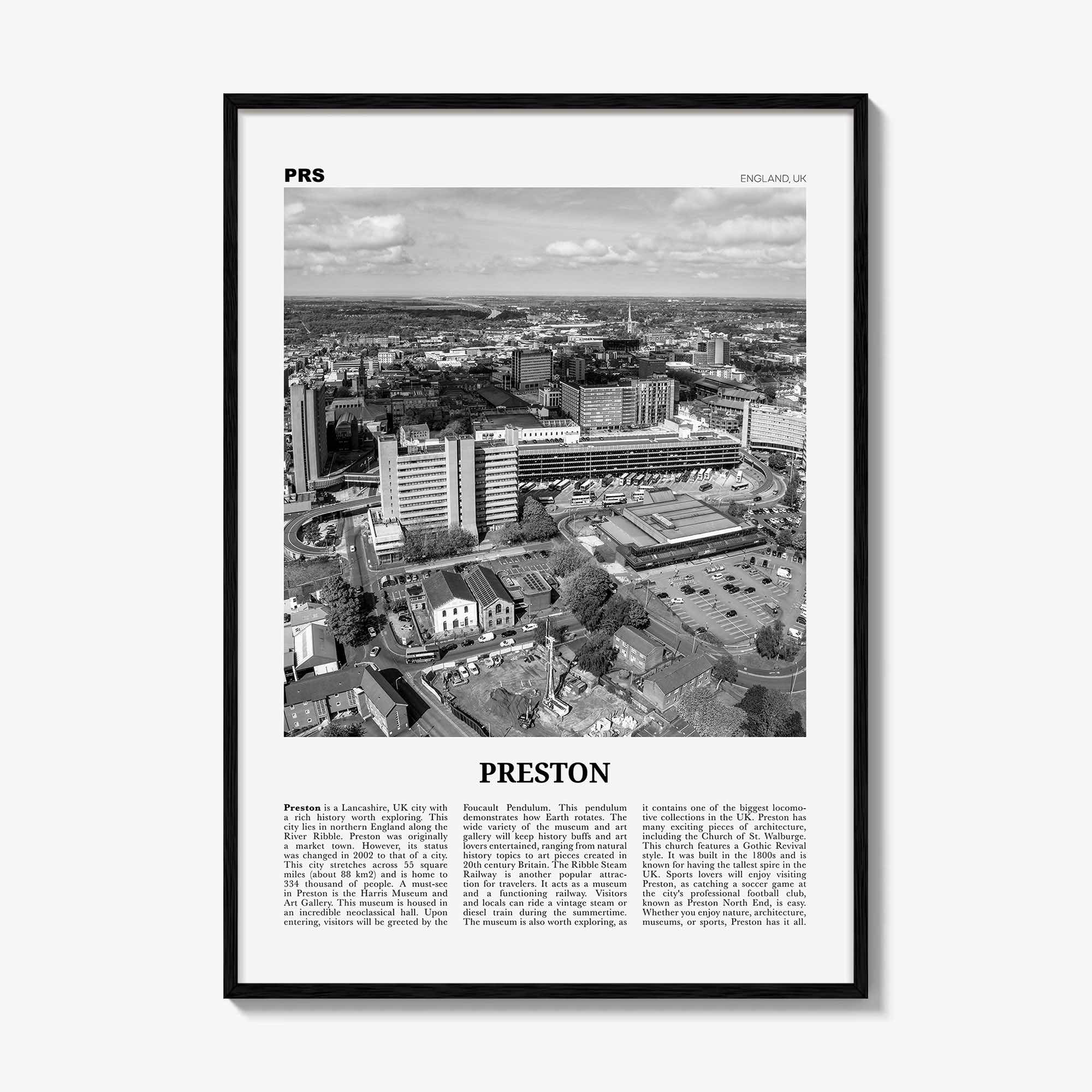 Preston City Print Black and White, Preston City Wall Art, Preston City Poster, Preston City Photo, Preston City Décor, England, UK
