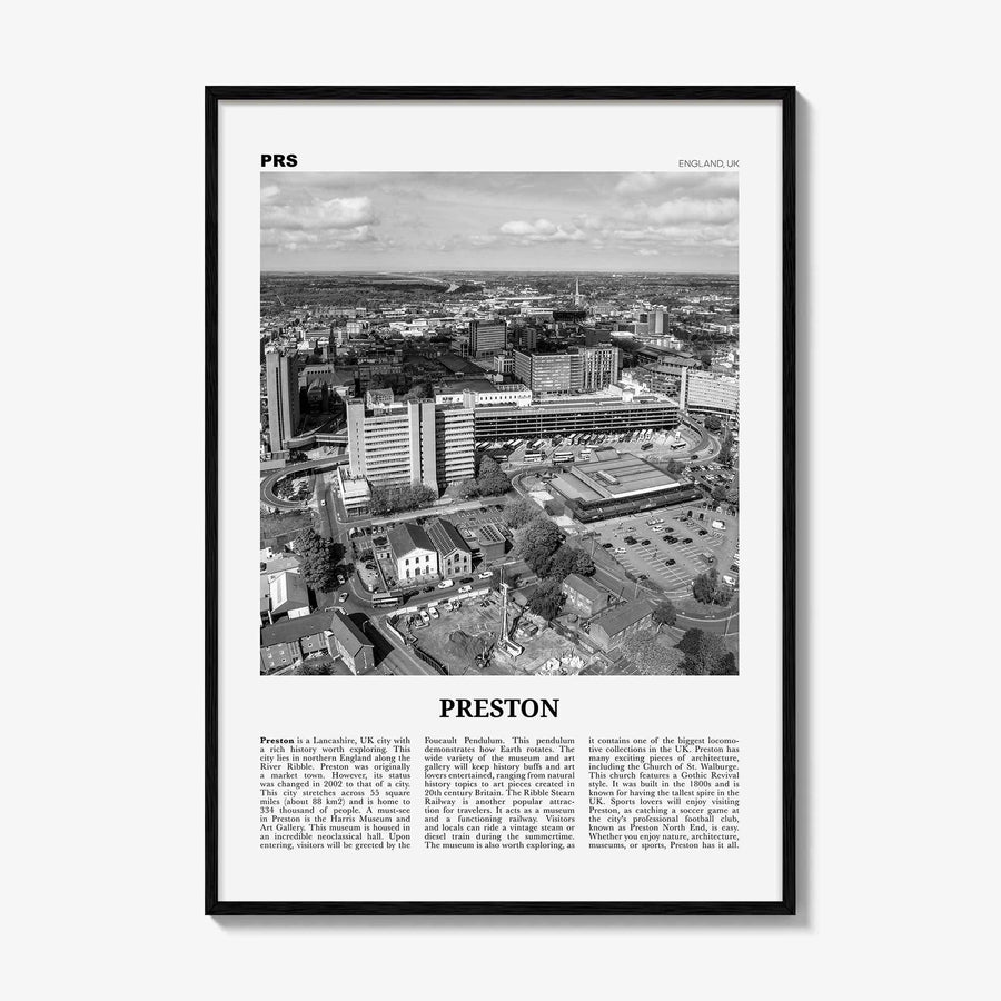 Preston City Print Black and White, Preston City Wall Art, Preston City Poster, Preston City Photo, Preston City Décor, England, UK