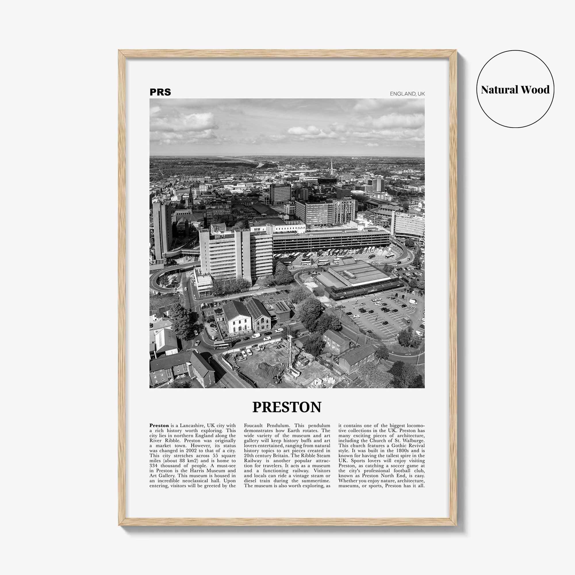 Preston City Print Black and White, Preston City Wall Art, Preston City Poster, Preston City Photo, Preston City Décor, England, UK