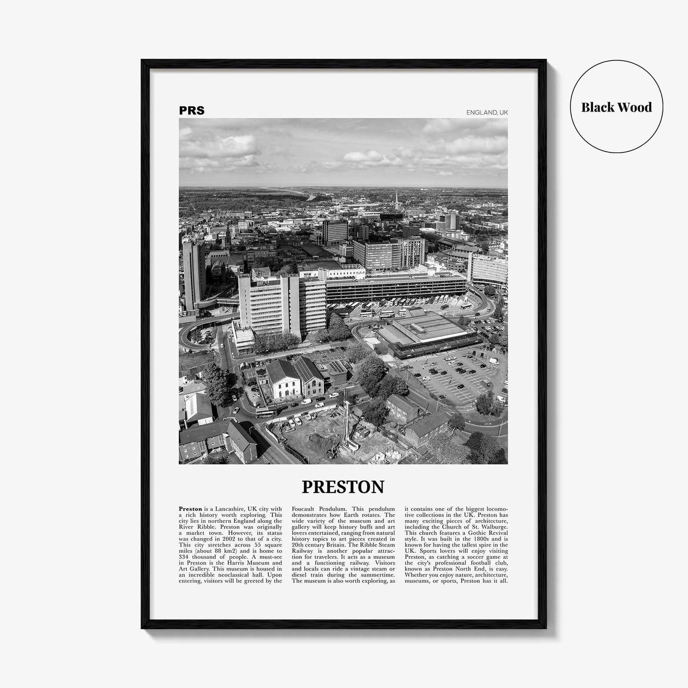 Preston City Print Black and White, Preston City Wall Art, Preston City Poster, Preston City Photo, Preston City Décor, England, UK