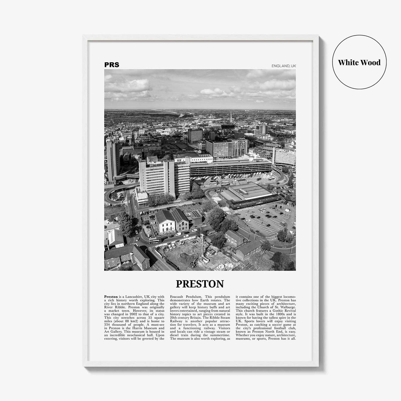 Preston City Print Black and White, Preston City Wall Art, Preston City Poster, Preston City Photo, Preston City Décor, England, UK