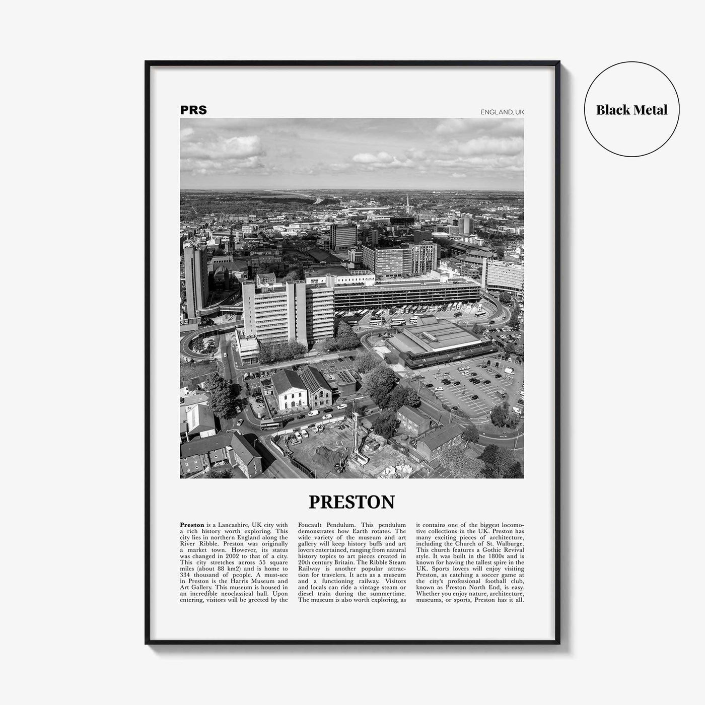 Preston City Print Black and White, Preston City Wall Art, Preston City Poster, Preston City Photo, Preston City Décor, England, UK