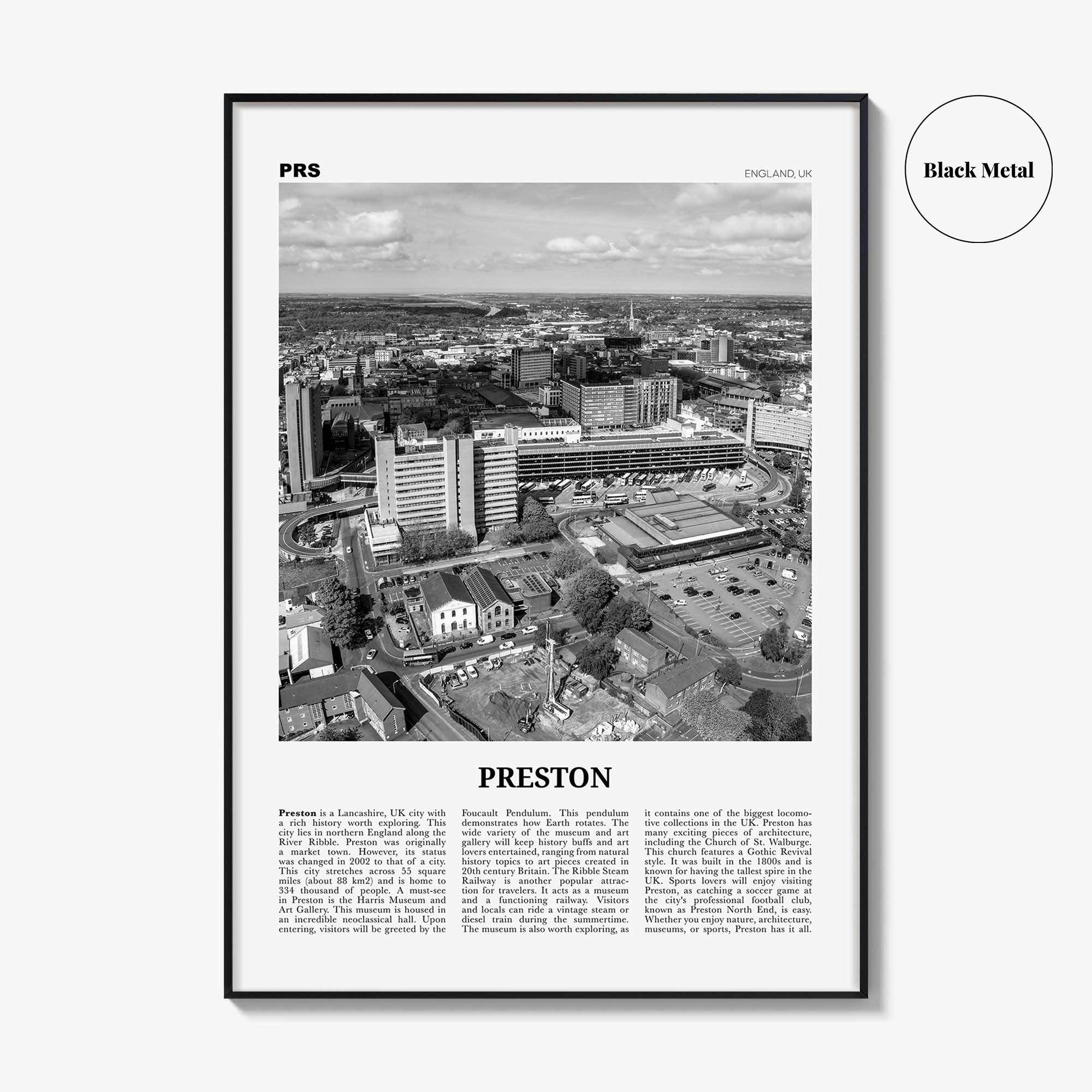 Preston City Print Black and White, Preston City Wall Art, Preston City Poster, Preston City Photo, Preston City Décor, England, UK