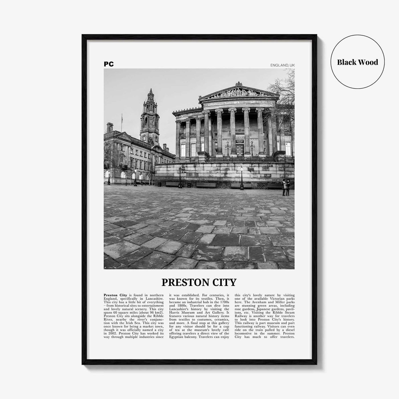 Preston Print Black and White, Preston Wall Art, Preston Poster, Preston Photo, Preston Wall Décor, Preston Map, England, UK