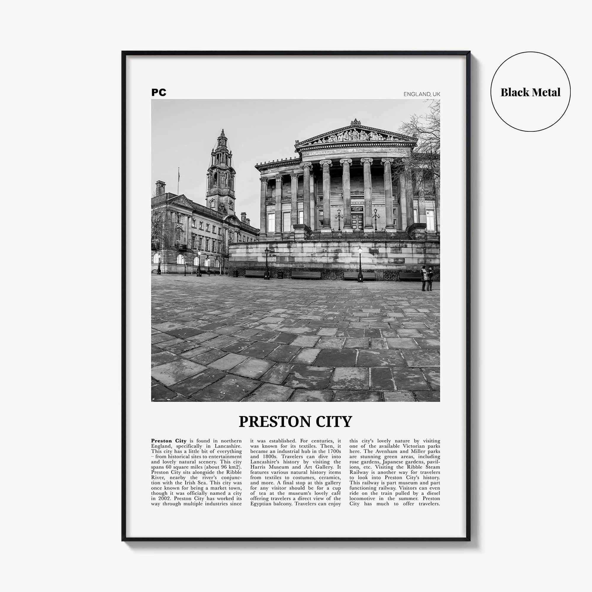 Preston Print Black and White, Preston Wall Art, Preston Poster, Preston Photo, Preston Wall Décor, Preston Map, England, UK