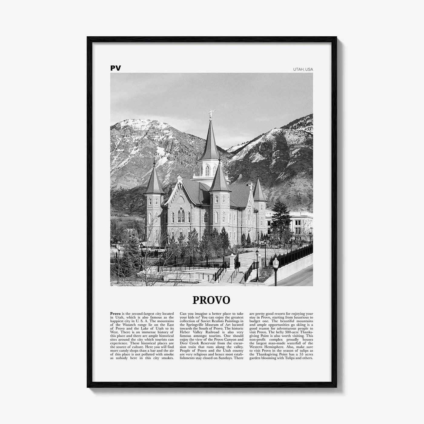 Provo Print Black and White, Provo Wall Art, Provo Poster, Provo Photo, Provo Map, Utah, USA, United States