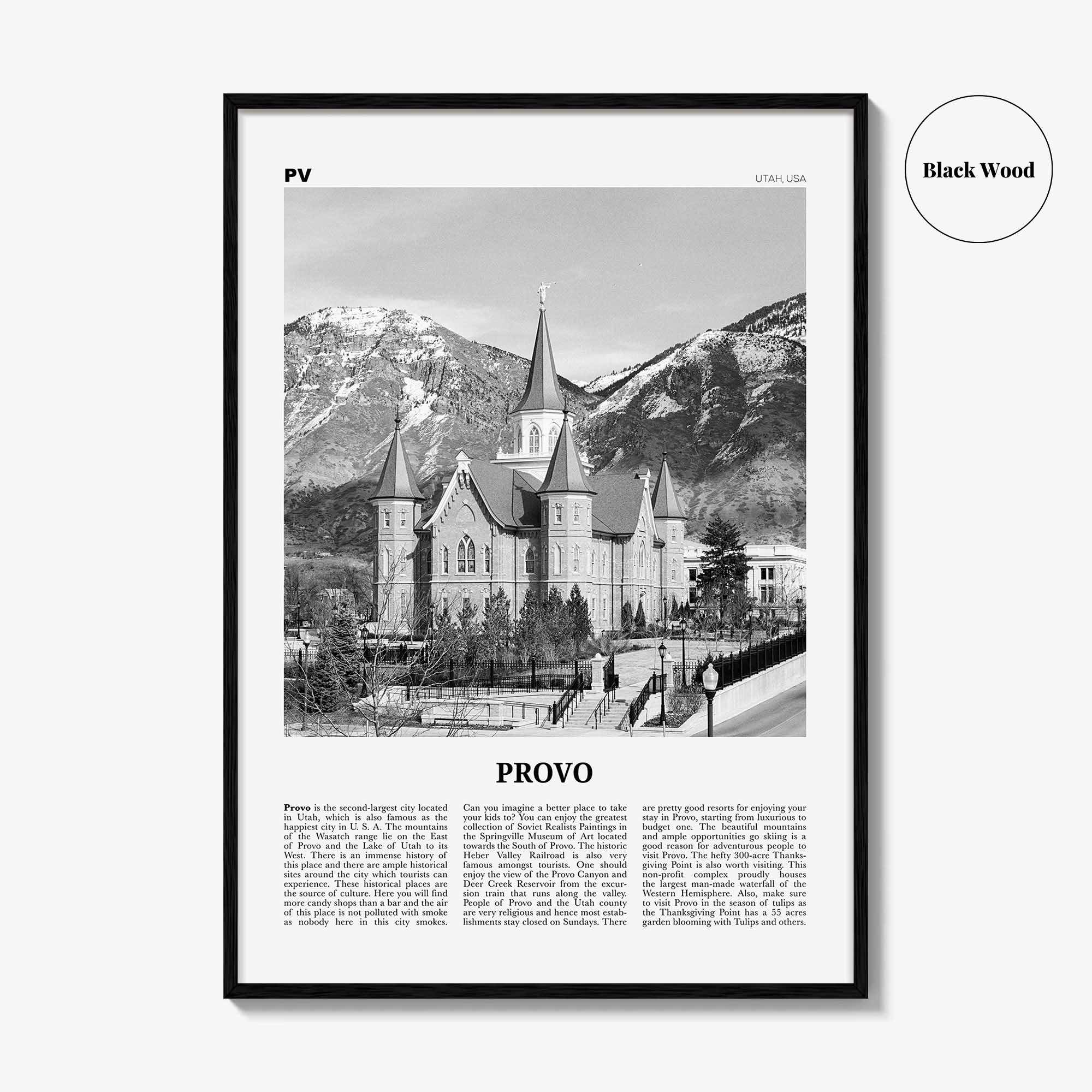 Provo Print Black and White, Provo Wall Art, Provo Poster, Provo Photo, Provo Map, Utah, USA, United States