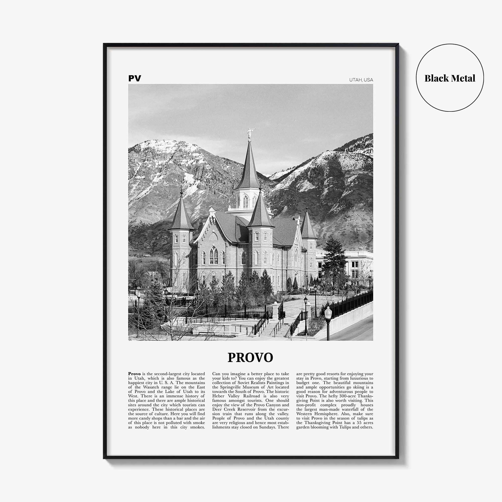 Provo Print Black and White, Provo Wall Art, Provo Poster, Provo Photo, Provo Map, Utah, USA, United States