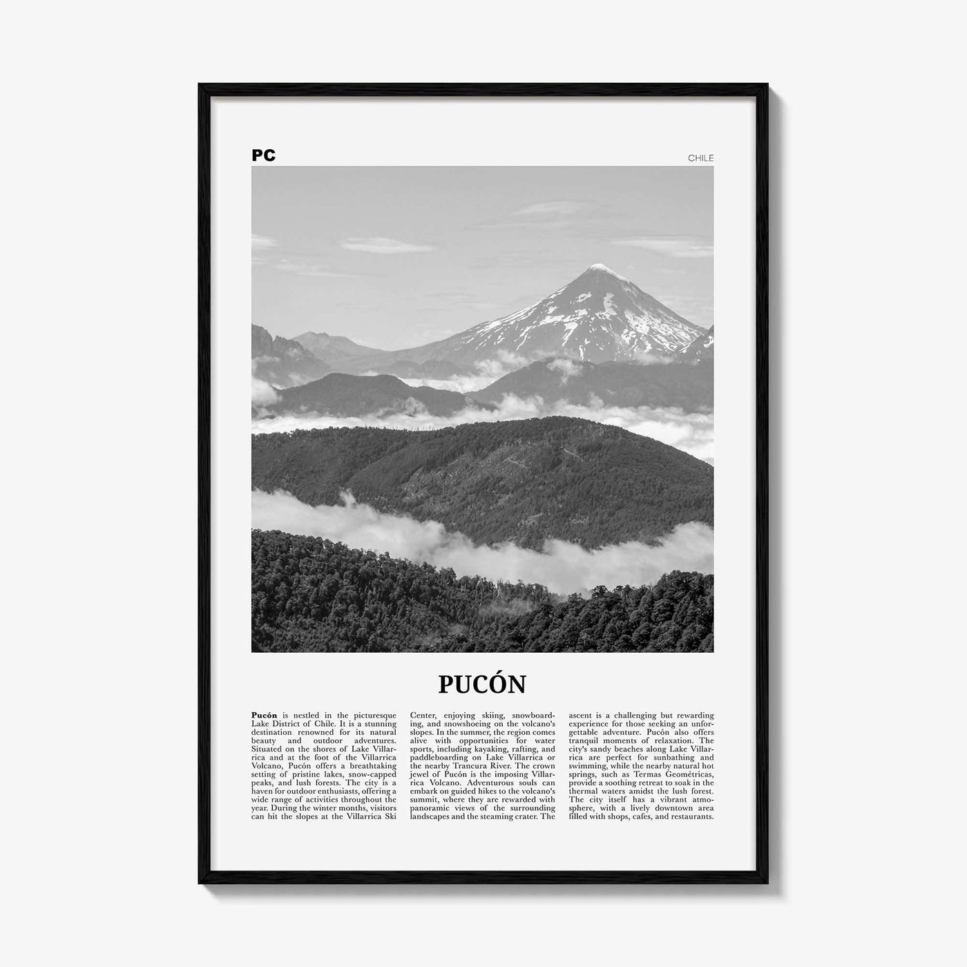 Pucon Print Black and White, Pucon Wall Art, Pucon Poster, Pucon Photo, Pucon Wall Décor, Pucon Map, Chile
