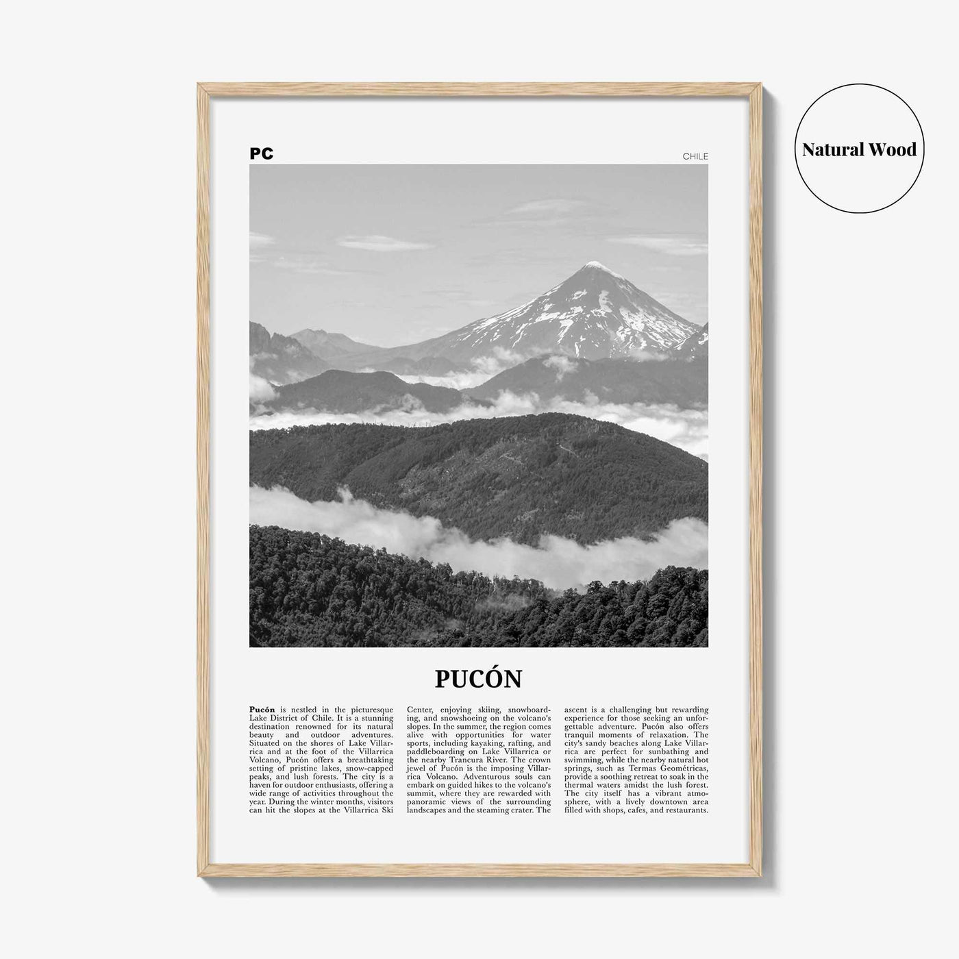 Pucon Print Black and White, Pucon Wall Art, Pucon Poster, Pucon Photo, Pucon Wall Décor, Pucon Map, Chile
