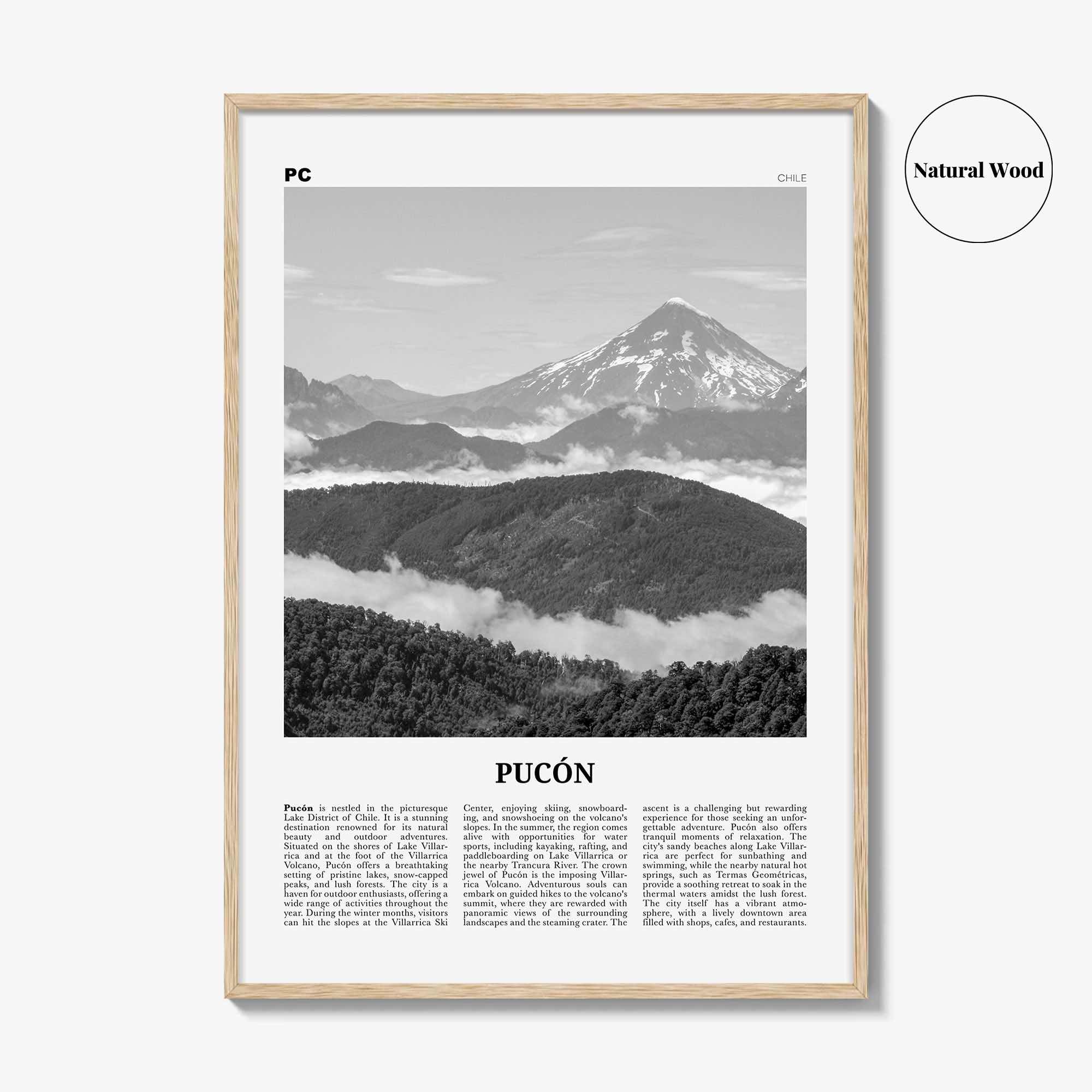 Pucon Print Black and White, Pucon Wall Art, Pucon Poster, Pucon Photo, Pucon Wall Décor, Pucon Map, Chile