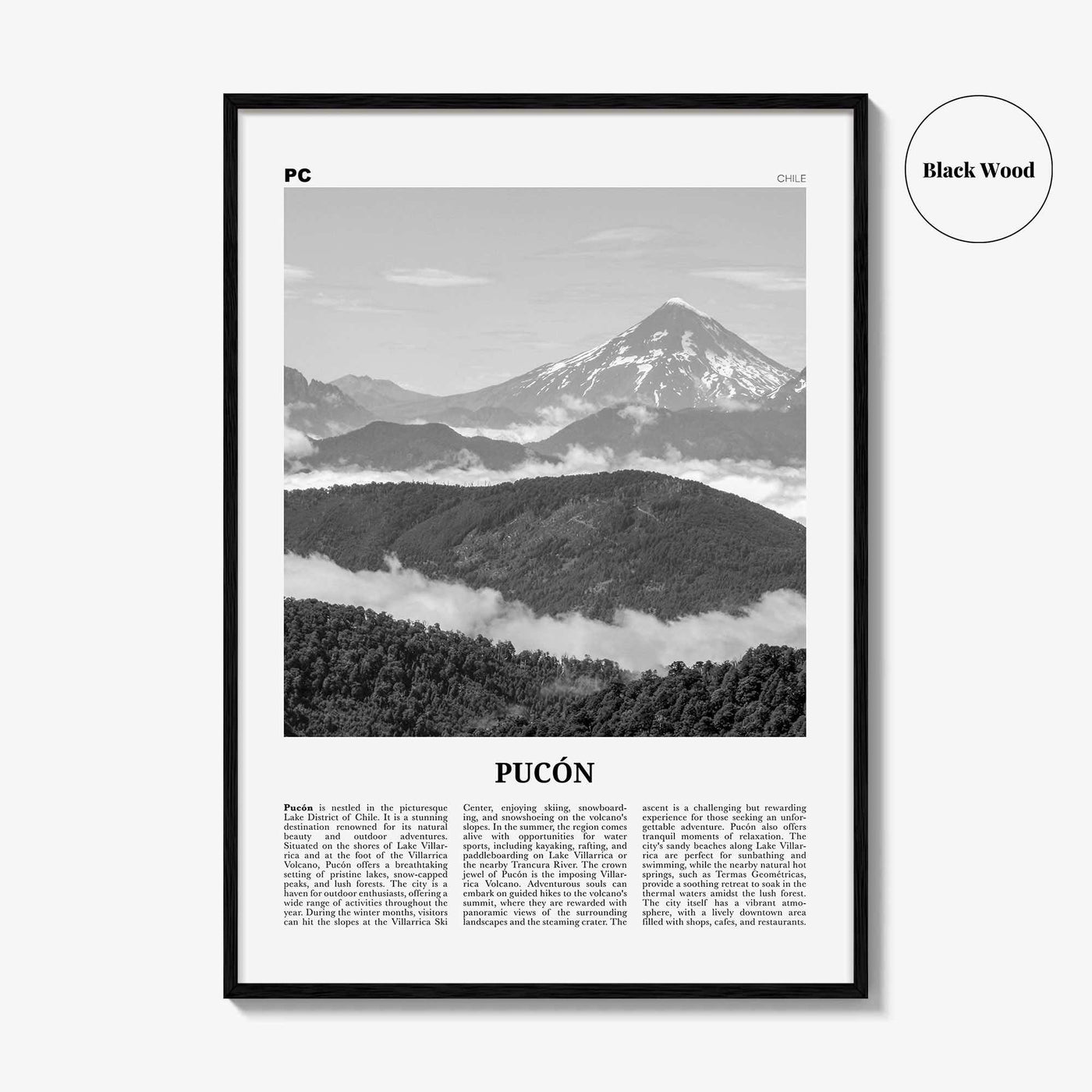 Pucon Print Black and White, Pucon Wall Art, Pucon Poster, Pucon Photo, Pucon Wall Décor, Pucon Map, Chile