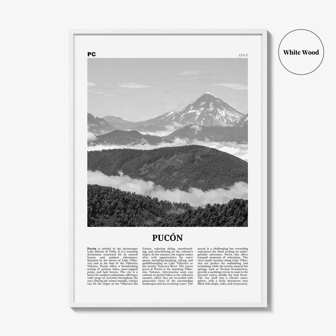 Pucon Print Black and White, Pucon Wall Art, Pucon Poster, Pucon Photo, Pucon Wall Décor, Pucon Map, Chile