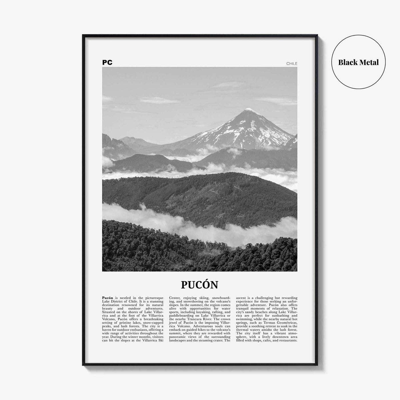 Pucon Print Black and White, Pucon Wall Art, Pucon Poster, Pucon Photo, Pucon Wall Décor, Pucon Map, Chile