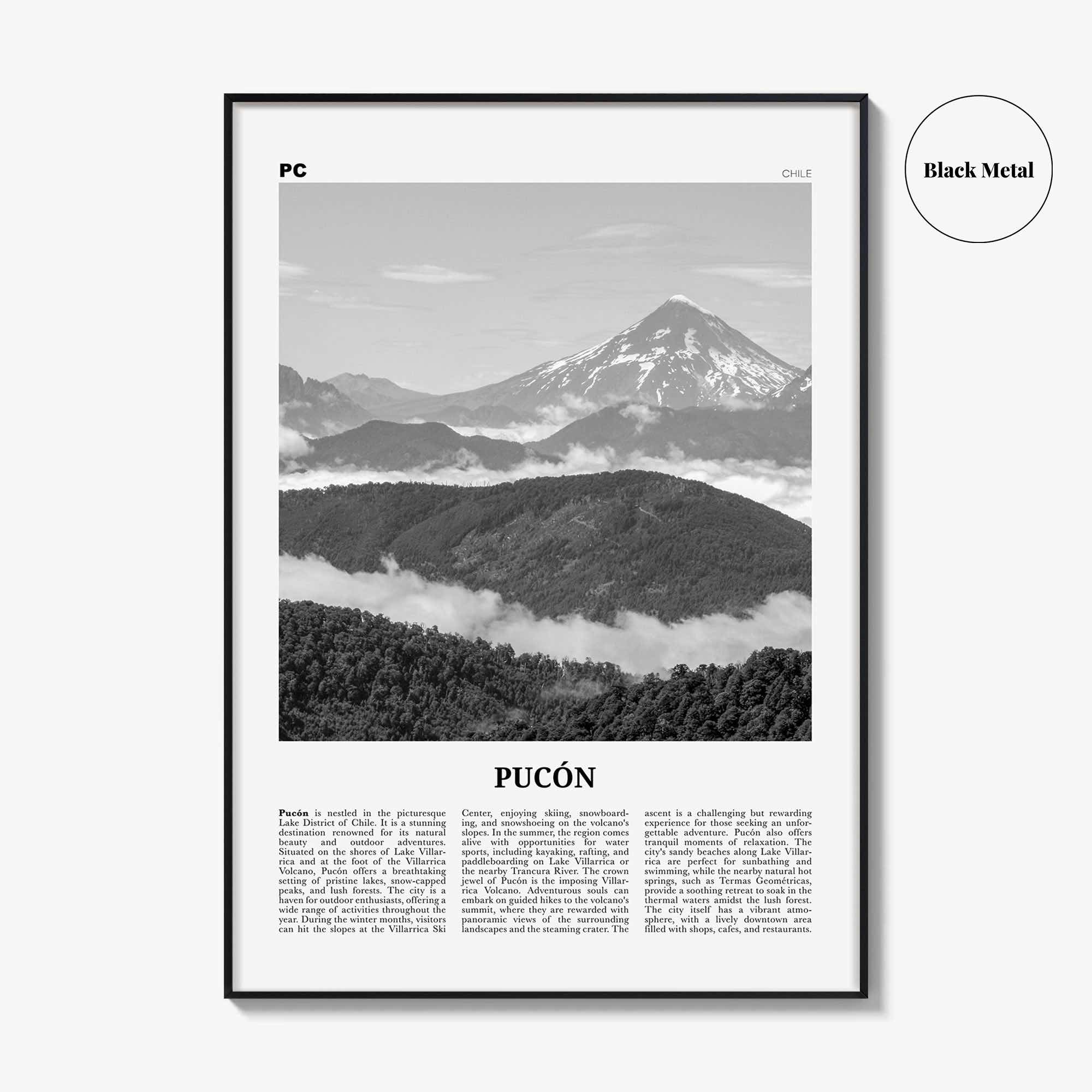Pucon Print Black and White, Pucon Wall Art, Pucon Poster, Pucon Photo, Pucon Wall Décor, Pucon Map, Chile