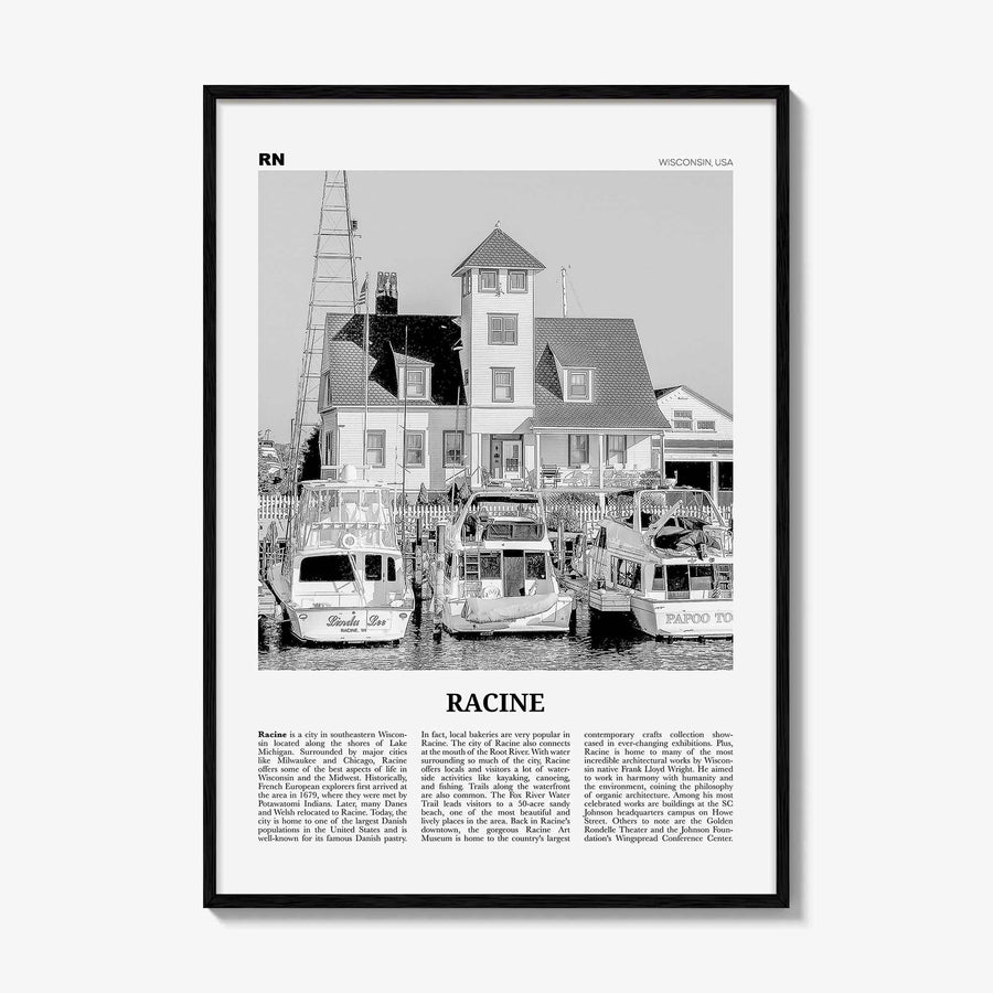 Racine Print Black and White, Racine Wall Art, Racine Poster, Racine Photo, Racine Map, Racine Wall Decor, Wisconsin, USA, United States