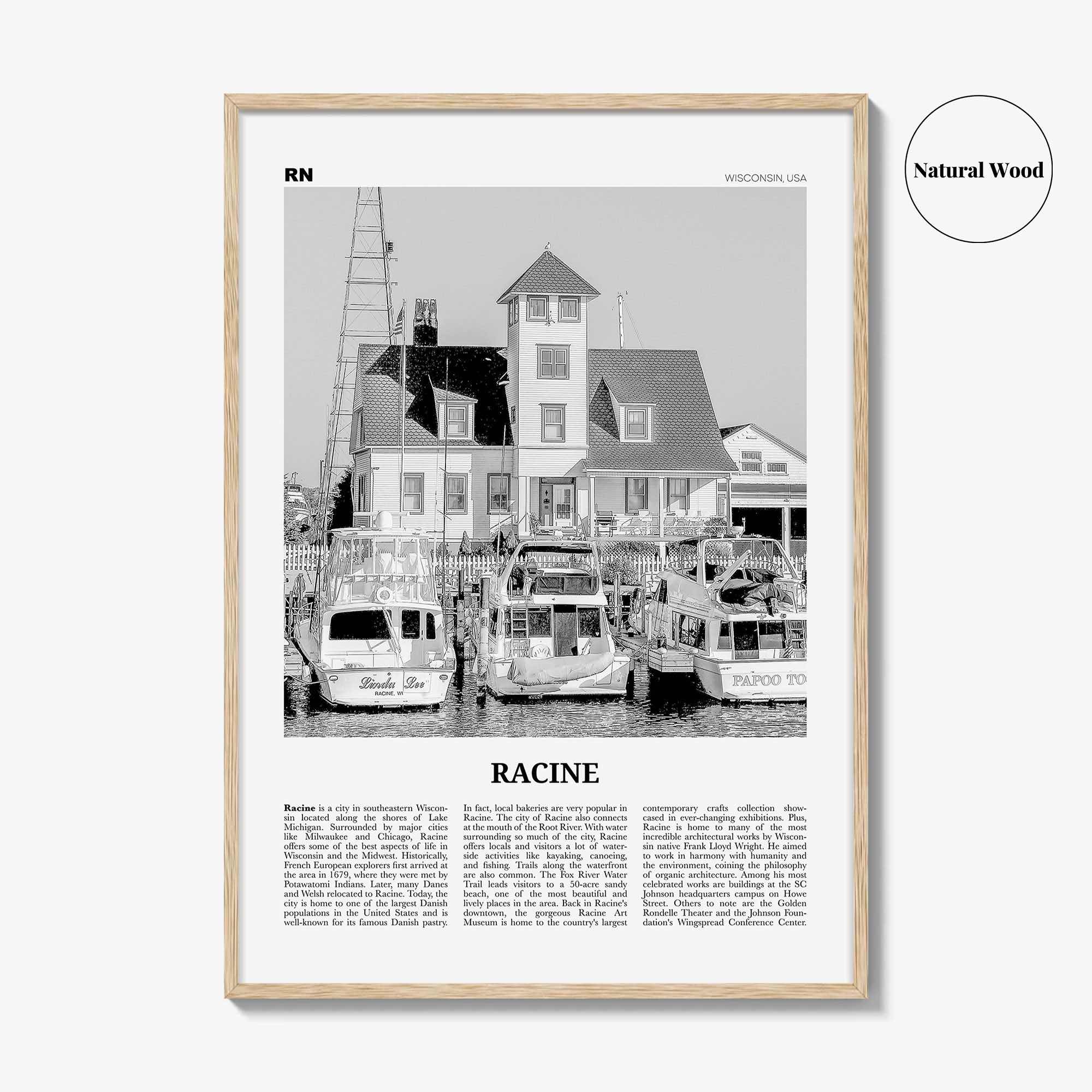 Racine Print Black and White, Racine Wall Art, Racine Poster, Racine Photo, Racine Map, Racine Wall Decor, Wisconsin, USA, United States