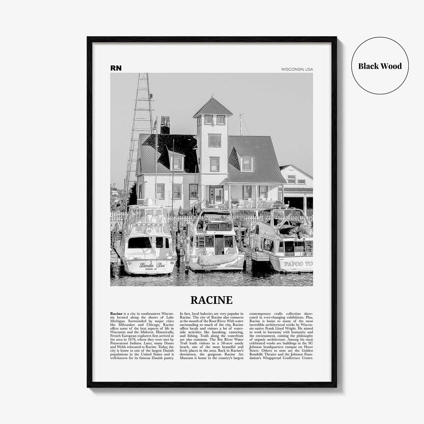 Racine Print Black and White, Racine Wall Art, Racine Poster, Racine Photo, Racine Map, Racine Wall Decor, Wisconsin, USA, United States