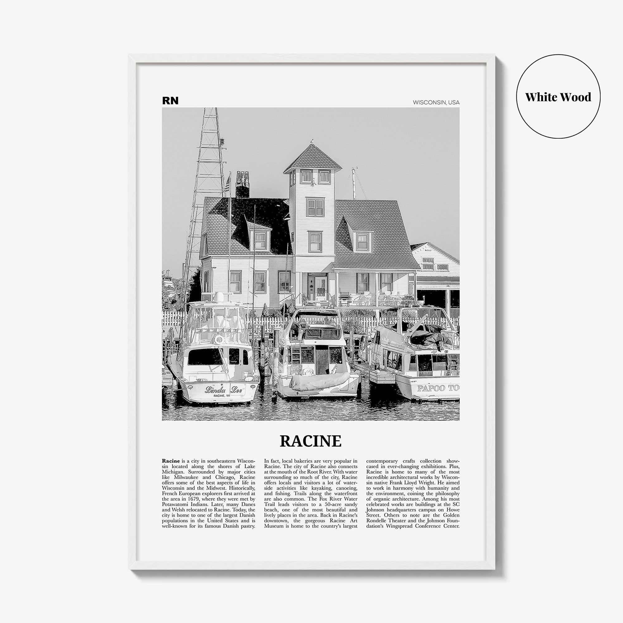 Racine Print Black and White, Racine Wall Art, Racine Poster, Racine Photo, Racine Map, Racine Wall Decor, Wisconsin, USA, United States