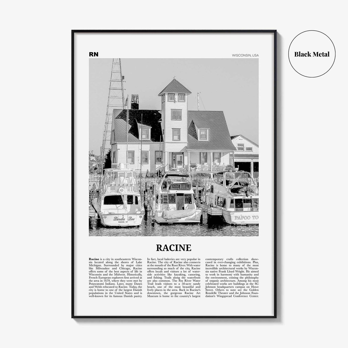 Racine Print Black and White, Racine Wall Art, Racine Poster, Racine Photo, Racine Map, Racine Wall Decor, Wisconsin, USA, United States