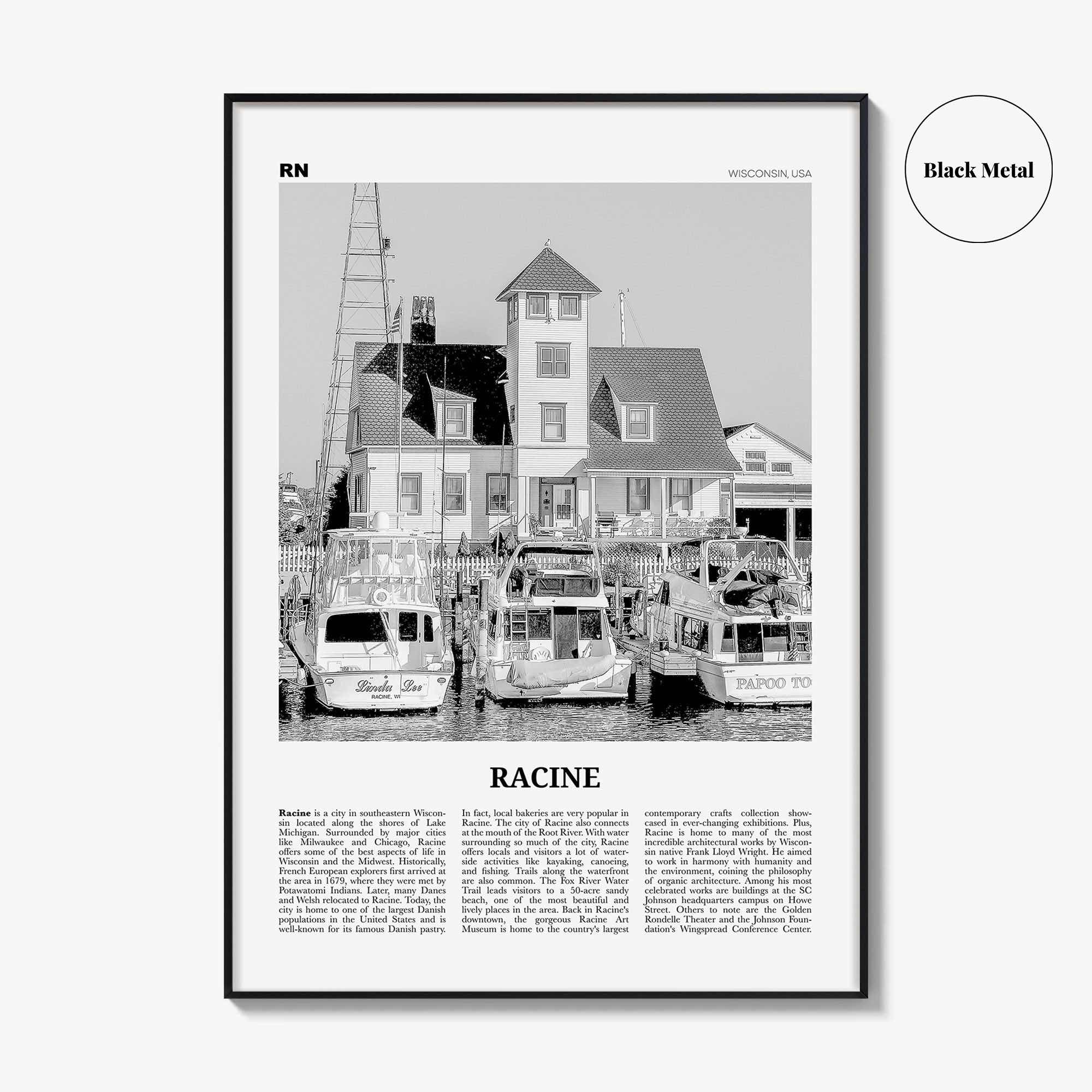 Racine Print Black and White, Racine Wall Art, Racine Poster, Racine Photo, Racine Map, Racine Wall Decor, Wisconsin, USA, United States