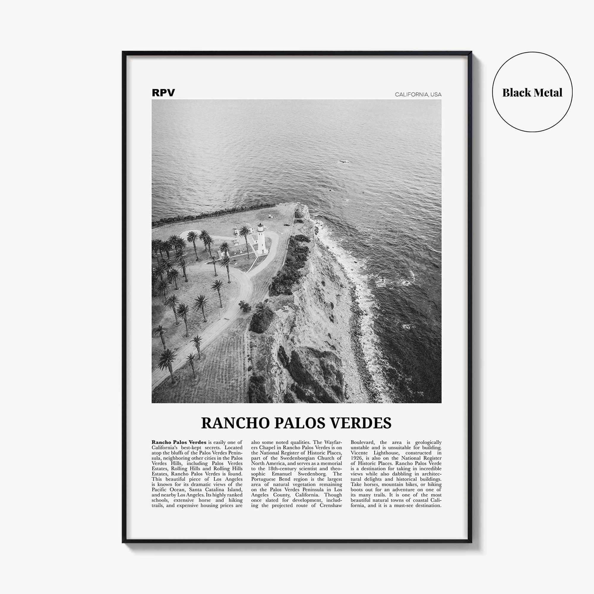 Rancho Palos Verdes Print Black and White, Rancho Palos Verdes Wall Art, Rancho Palos Verdes Poster, Rancho Palos Verdes, California, USA