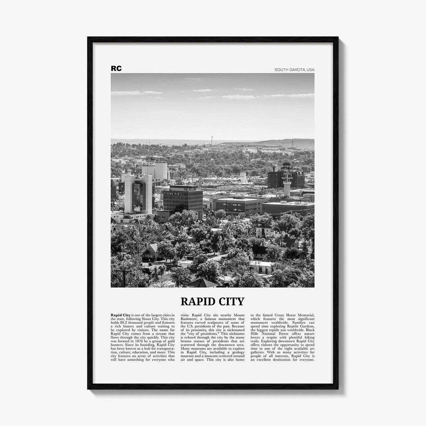 Rapid City Print Black and White, Rapid City Wall Art, Rapid City Poster, Rapid City Photo, Rapid City Wall Décor, South Dakota, USA