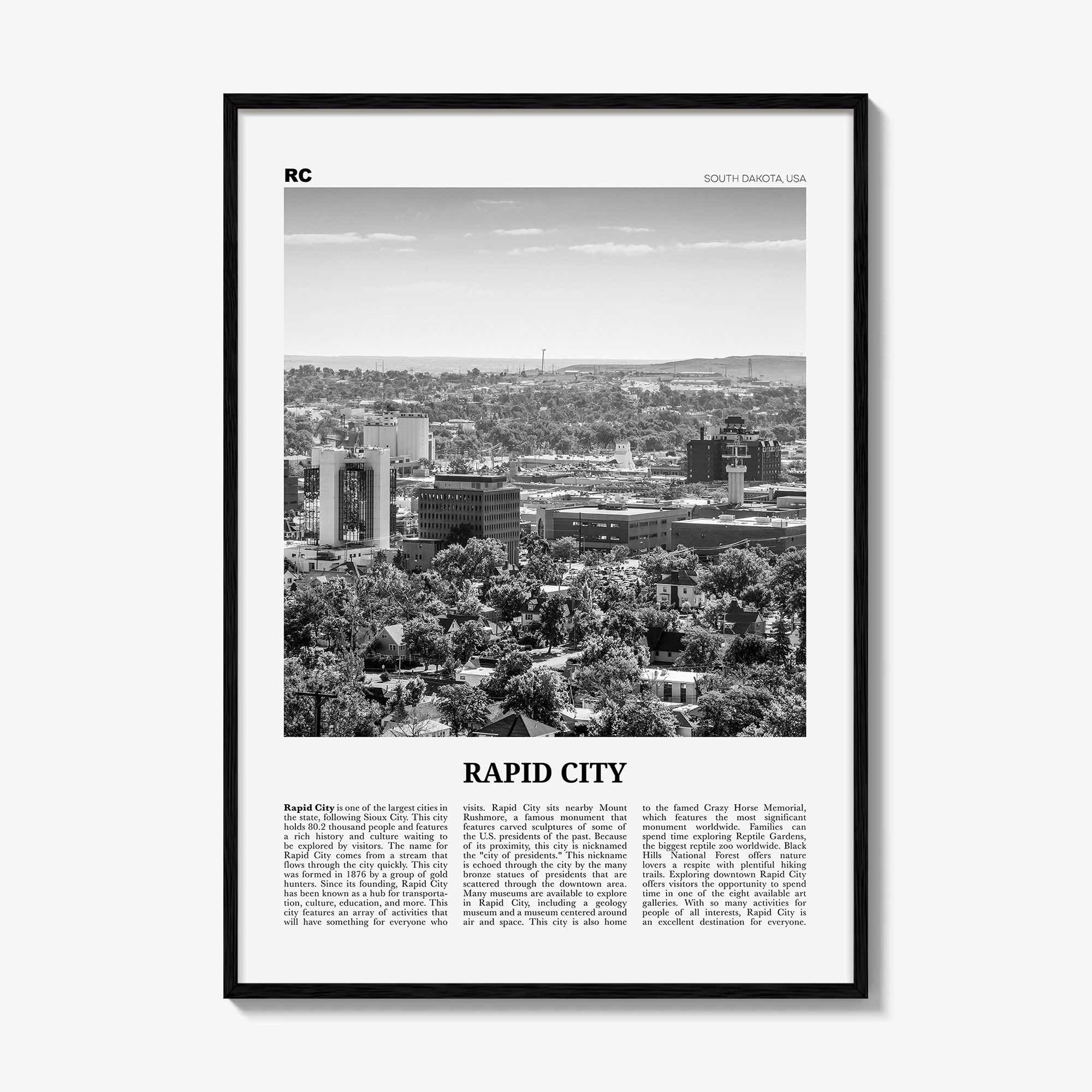 Rapid City Print Black and White, Rapid City Wall Art, Rapid City Poster, Rapid City Photo, Rapid City Wall Décor, South Dakota, USA
