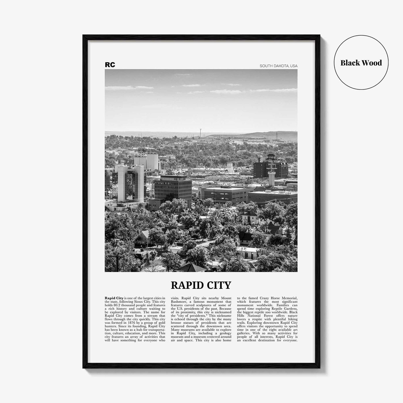 Rapid City Print Black and White, Rapid City Wall Art, Rapid City Poster, Rapid City Photo, Rapid City Wall Décor, South Dakota, USA
