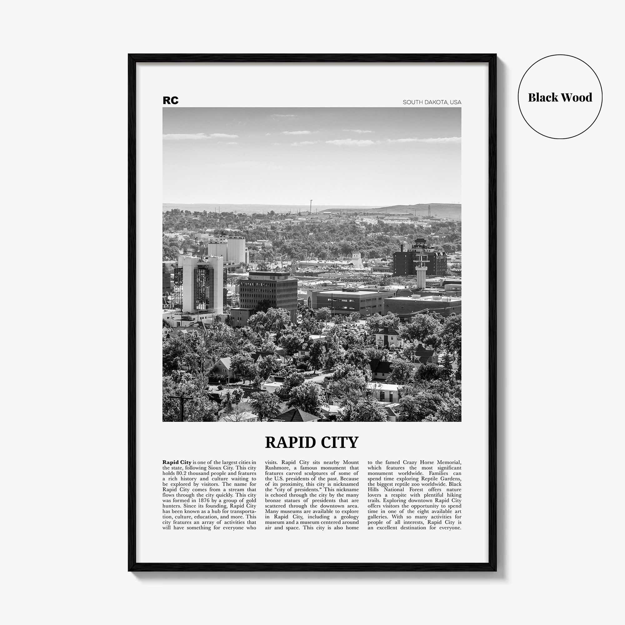 Rapid City Print Black and White, Rapid City Wall Art, Rapid City Poster, Rapid City Photo, Rapid City Wall Décor, South Dakota, USA