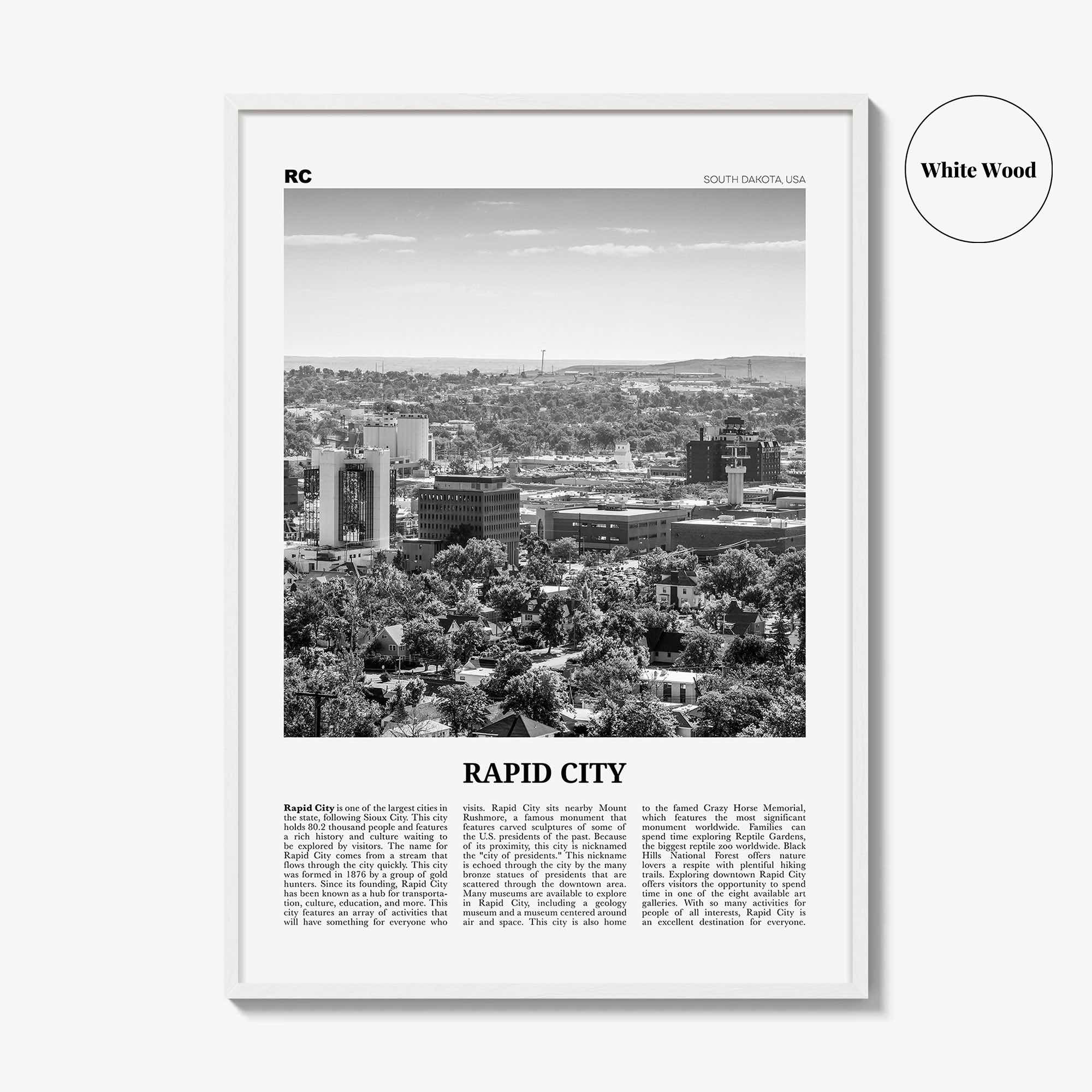 Rapid City Print Black and White, Rapid City Wall Art, Rapid City Poster, Rapid City Photo, Rapid City Wall Décor, South Dakota, USA